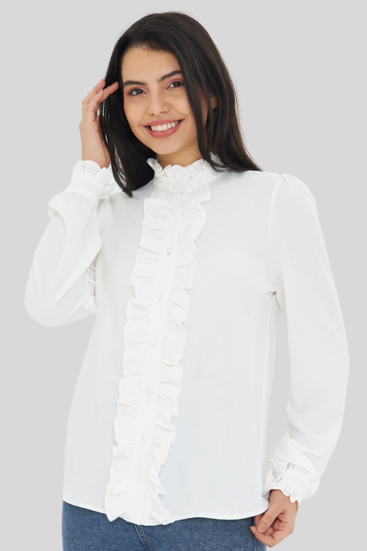 Long Sleeve Ruffle Detail Mandarin Collar Shirt - White - Genel Markalar