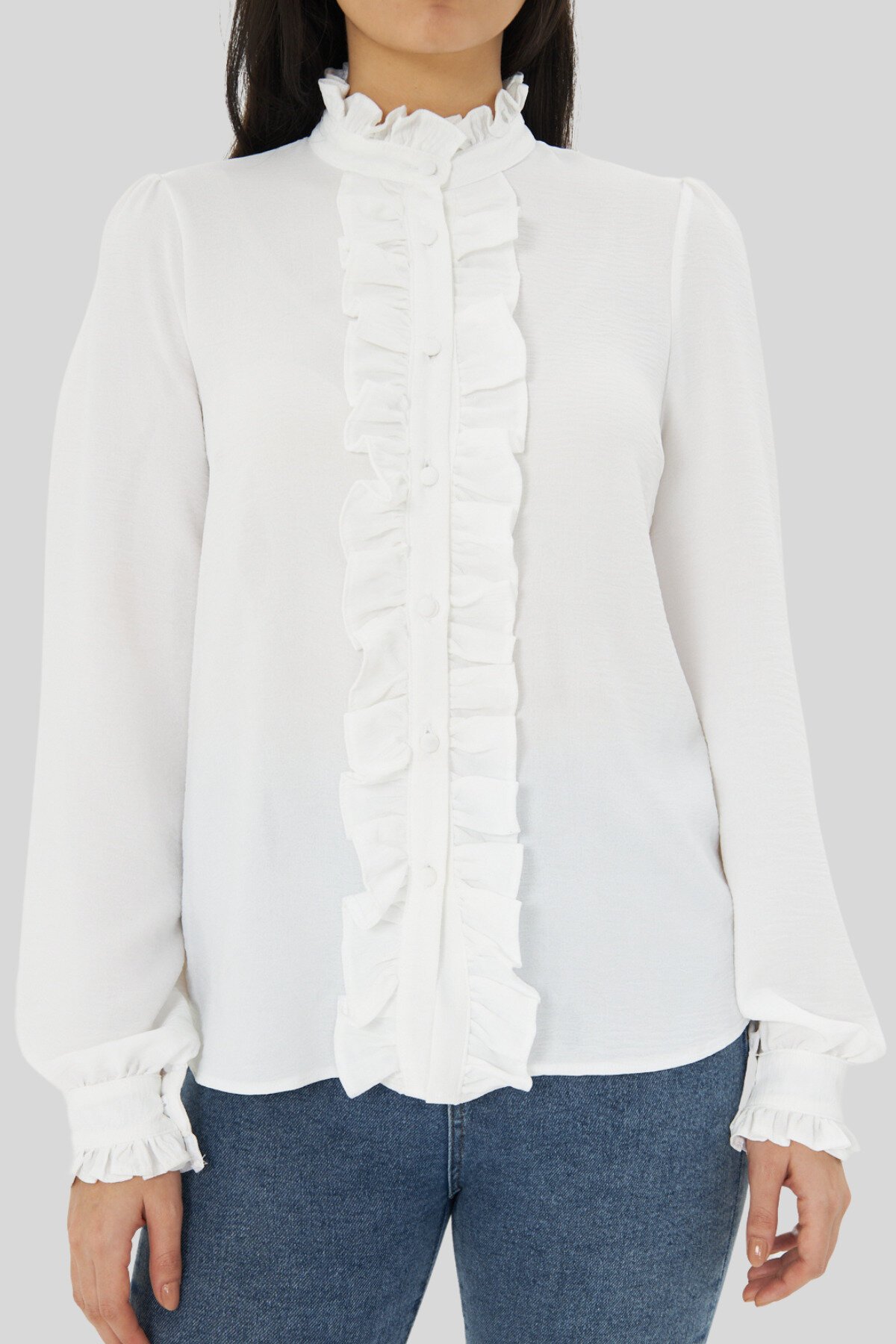 Long Sleeve Ruffle Detail Mandarin Collar Shirt - White - Genel Markalar