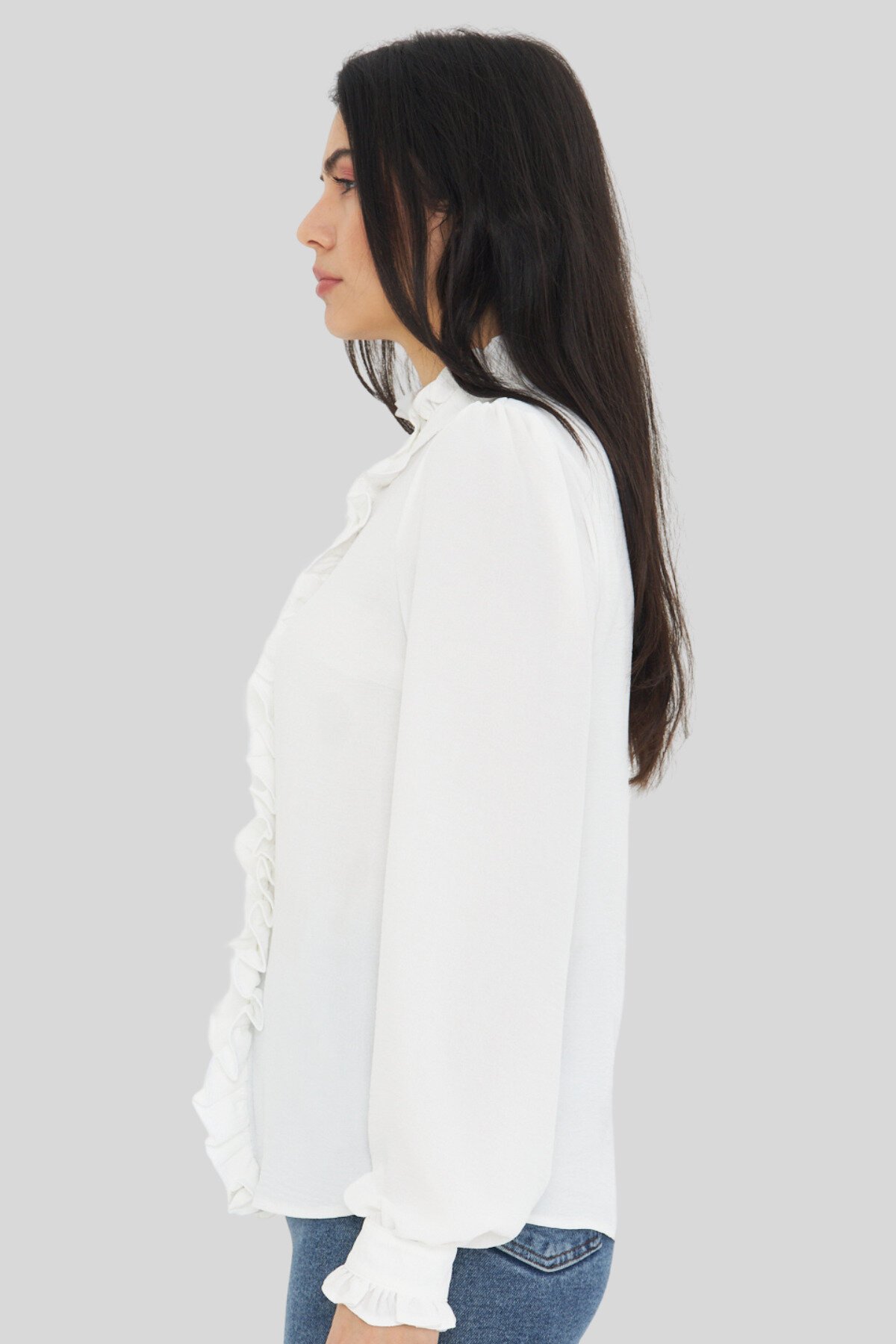 Long Sleeve Ruffle Detail Mandarin Collar Shirt - White - Genel Markalar