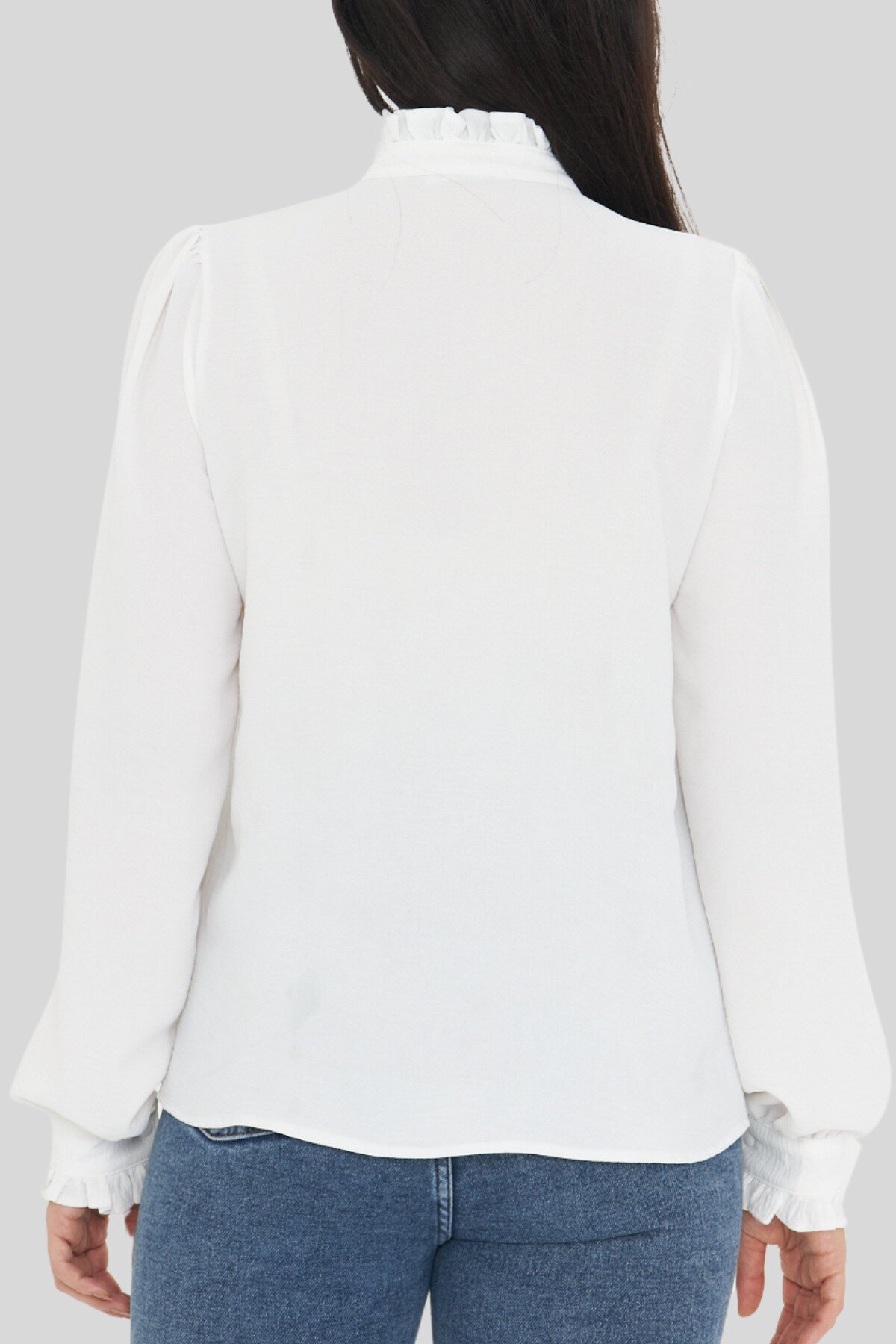 Long Sleeve Ruffle Detail Mandarin Collar Shirt - White - Genel Markalar
