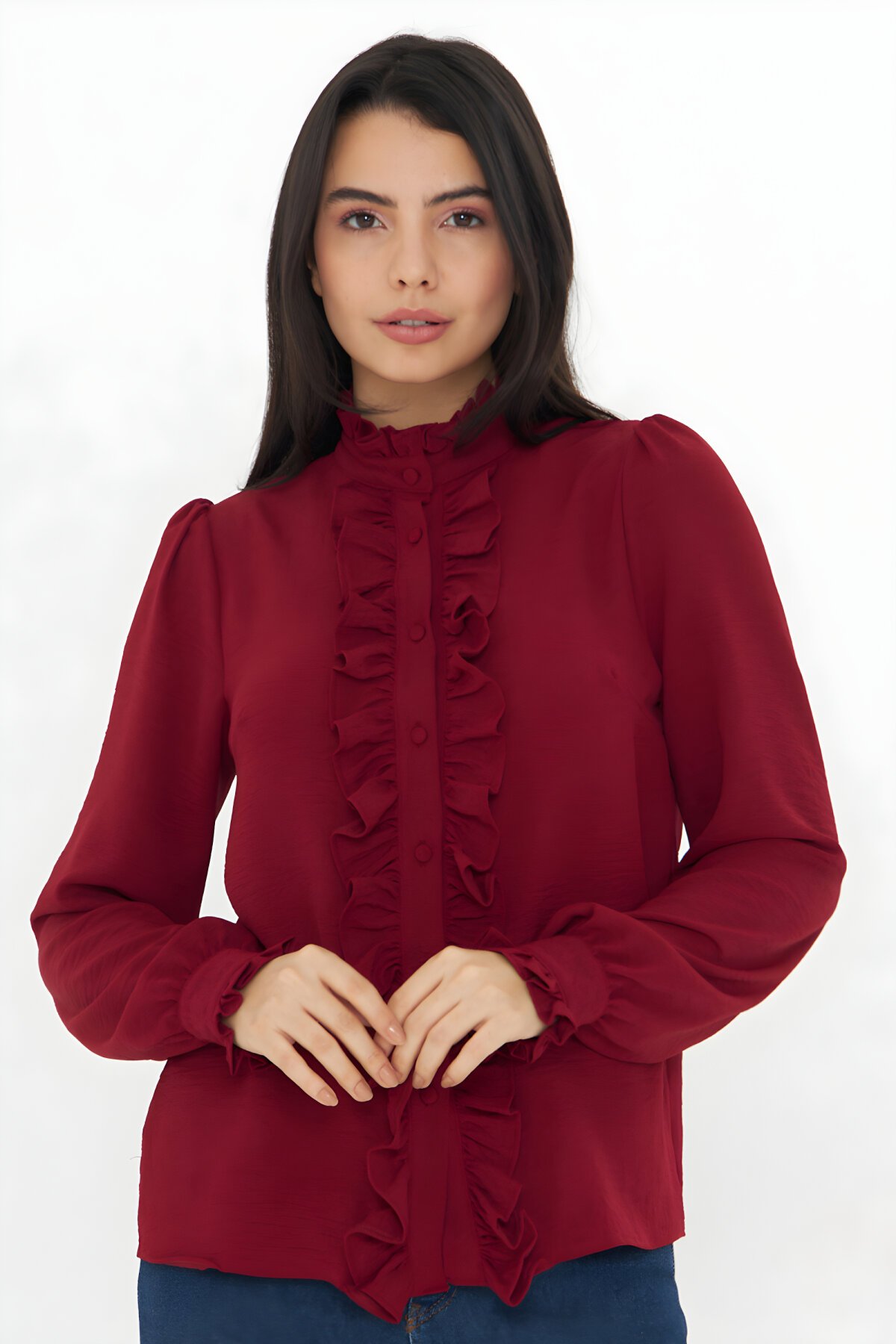 Bordo Uzun Kol Hakim Yaka Fırfır Detaylı Gömlek - Genel Markalar