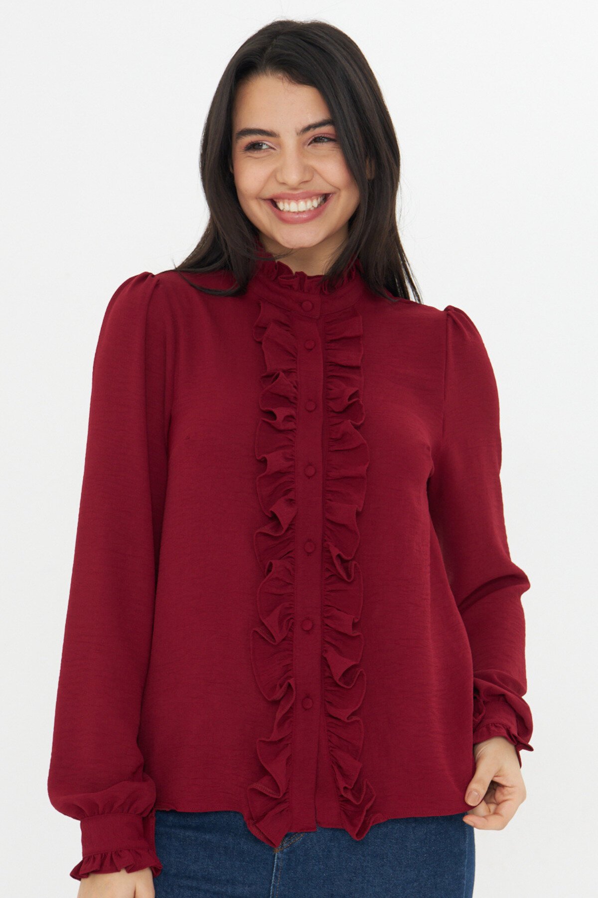 Long-Sleeve Mandarin Collar Ruffle Detail Shirt - Burgundy - Genel Markalar
