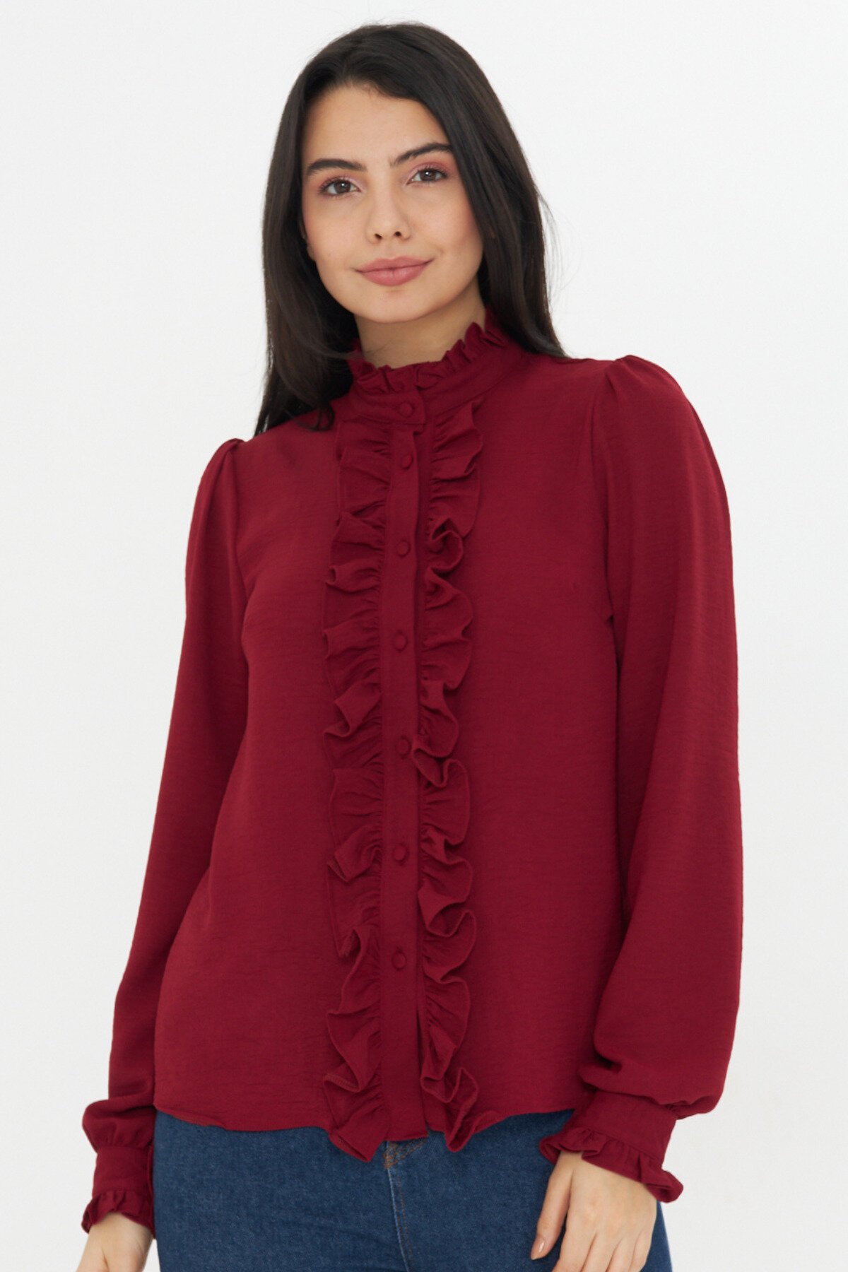 Long-Sleeve Mandarin Collar Ruffle Detail Shirt - Burgundy - Genel Markalar