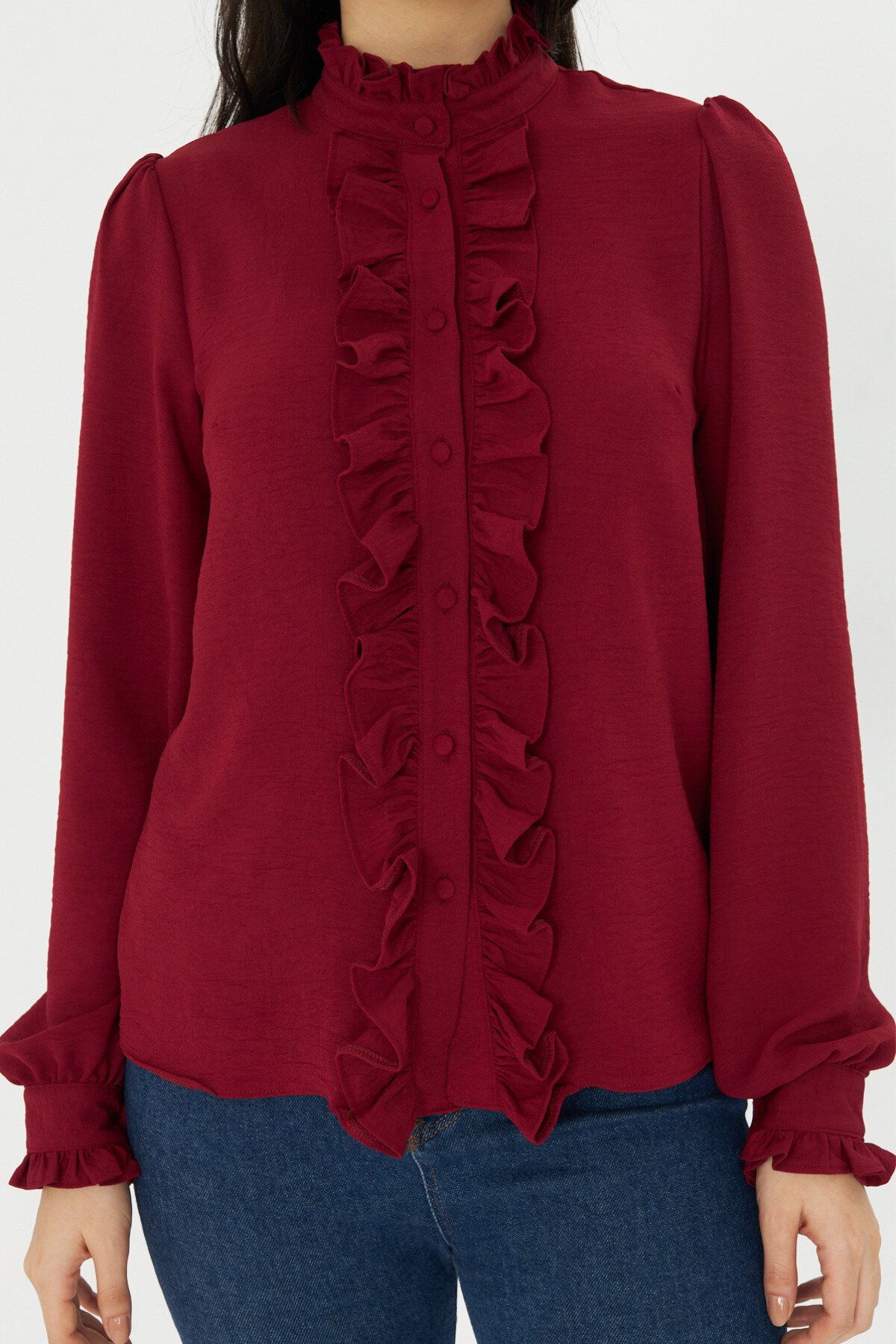 Long-Sleeve Mandarin Collar Ruffle Detail Shirt - Burgundy - Genel Markalar