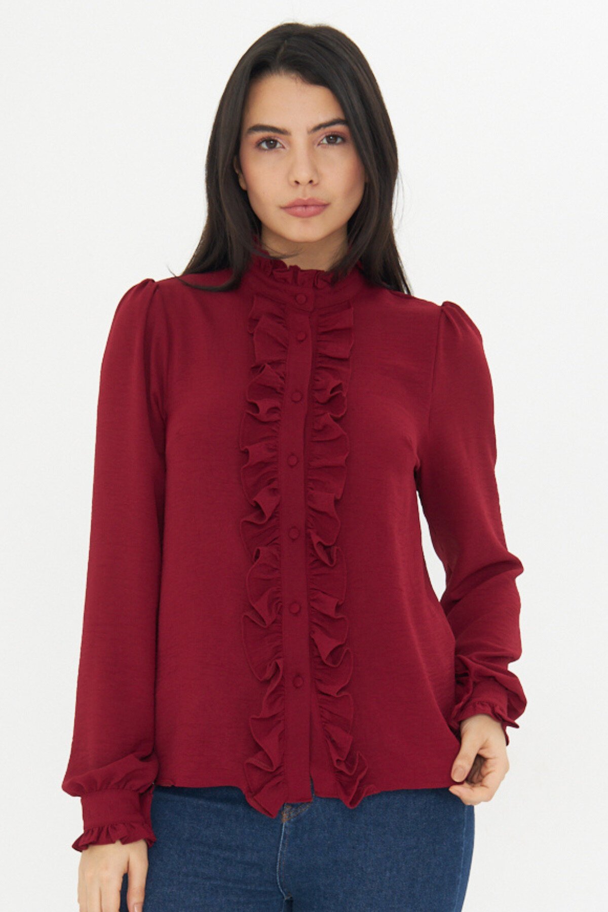 Long-Sleeve Mandarin Collar Ruffle Detail Shirt - Burgundy - Genel Markalar