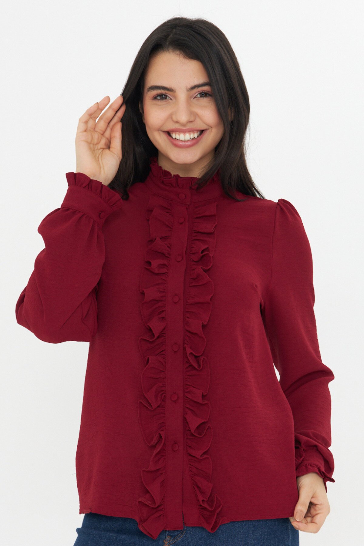 Long-Sleeve Mandarin Collar Ruffle Detail Shirt - Burgundy - Genel Markalar