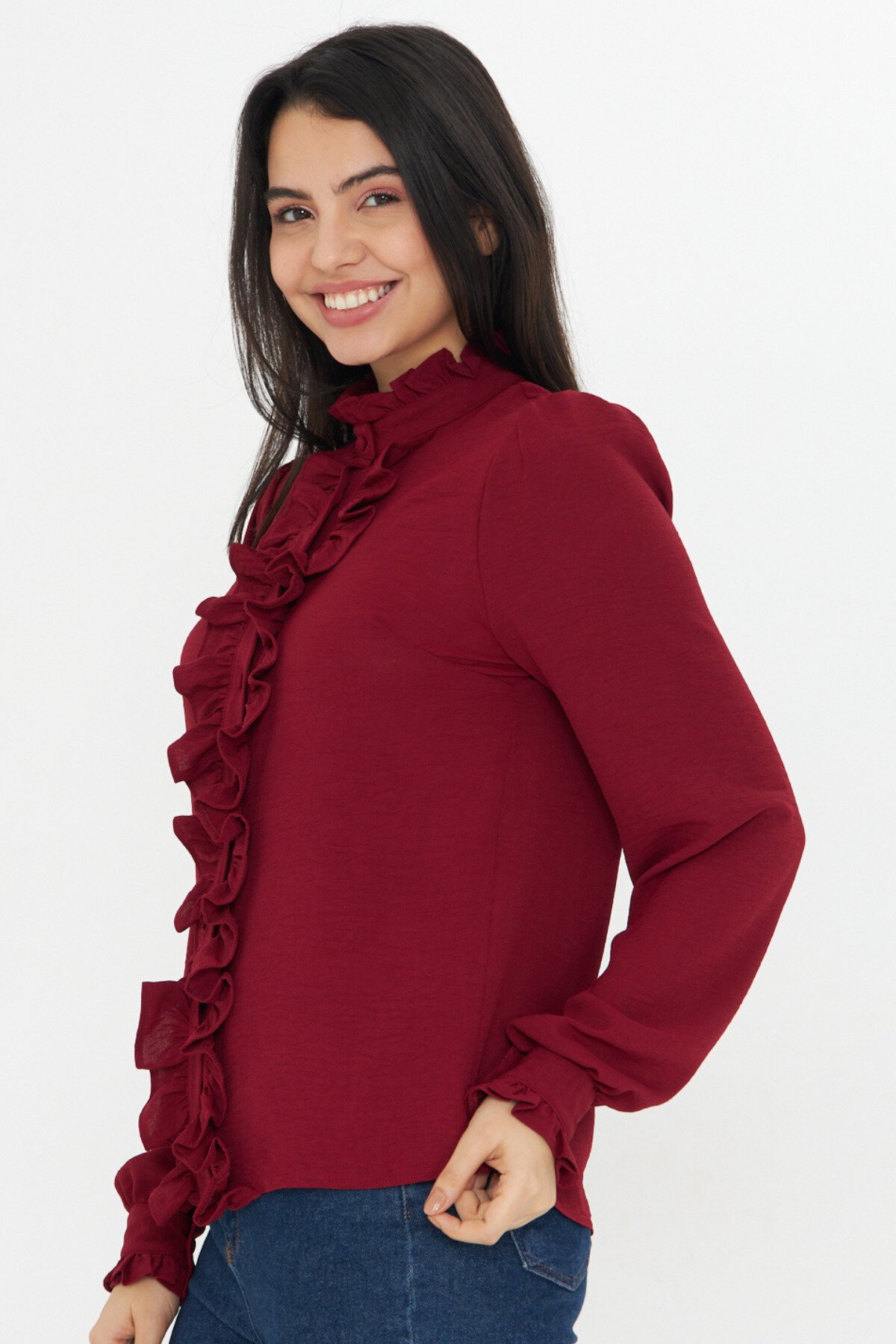 Long-Sleeve Mandarin Collar Ruffle Detail Shirt - Burgundy - Genel Markalar
