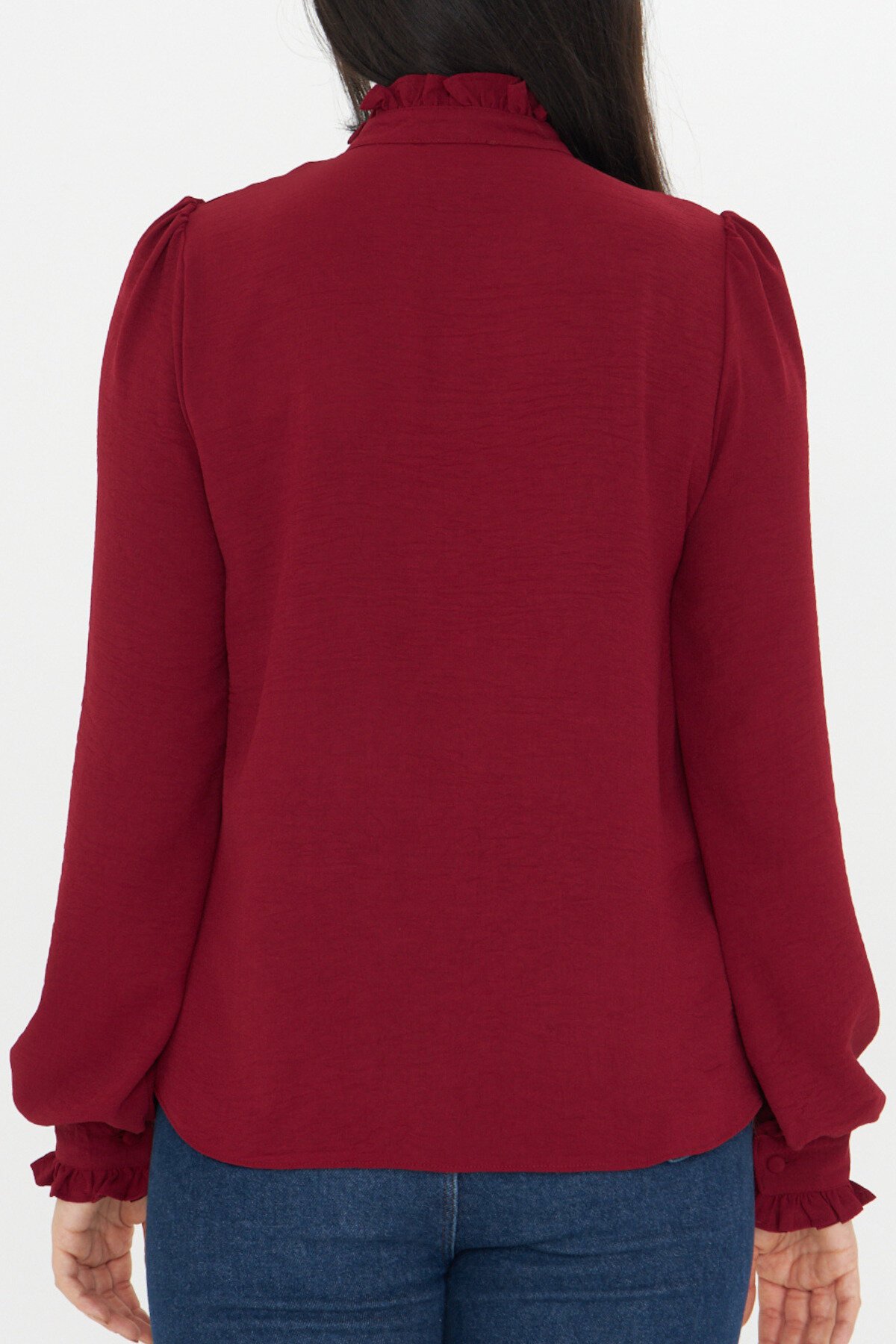 Long-Sleeve Mandarin Collar Ruffle Detail Shirt - Burgundy - Genel Markalar