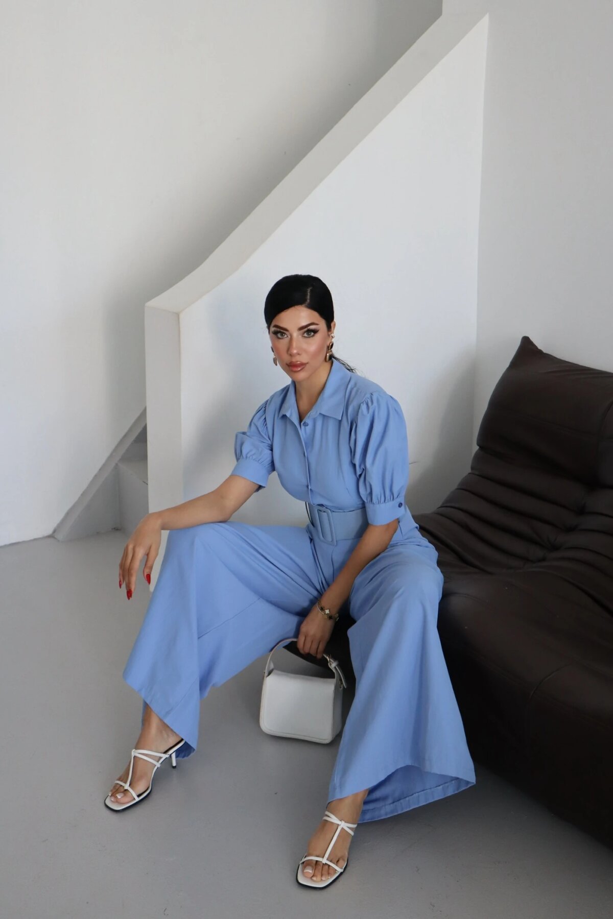Half-Sleeve Belted Jumpsuit - Ice Blue - Genel Markalar