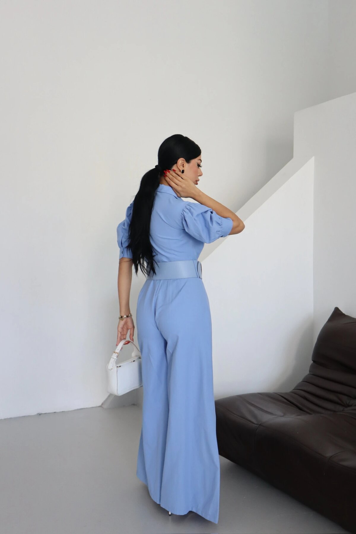 Half-Sleeve Belted Jumpsuit - Ice Blue - Genel Markalar