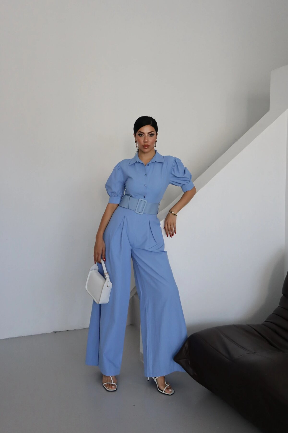 Half-Sleeve Belted Jumpsuit - Ice Blue - Genel Markalar