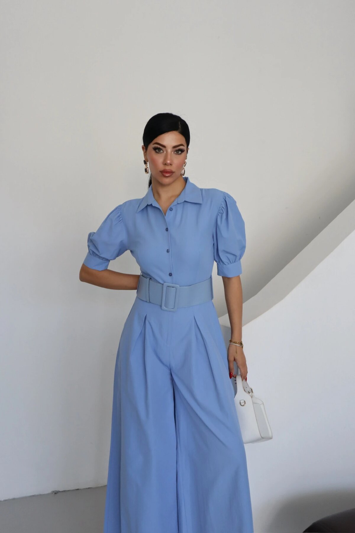 Half-Sleeve Belted Jumpsuit - Ice Blue - Genel Markalar