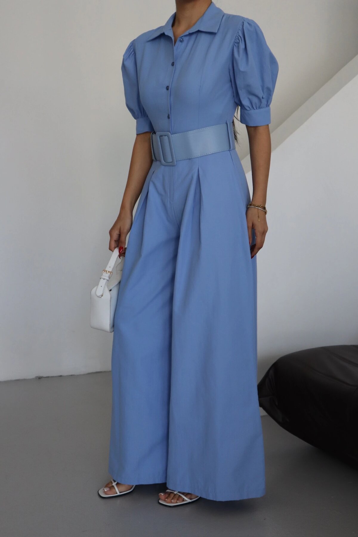 Half-Sleeve Belted Jumpsuit - Ice Blue - Genel Markalar