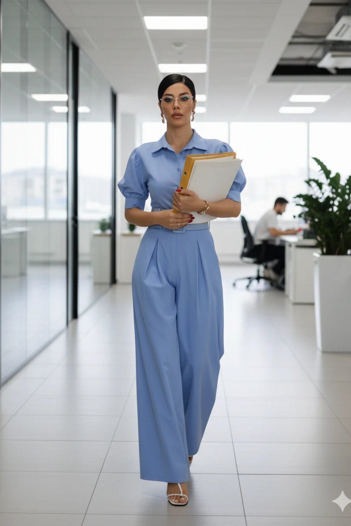 Half-Sleeve Belted Jumpsuit - Ice Blue - Genel Markalar