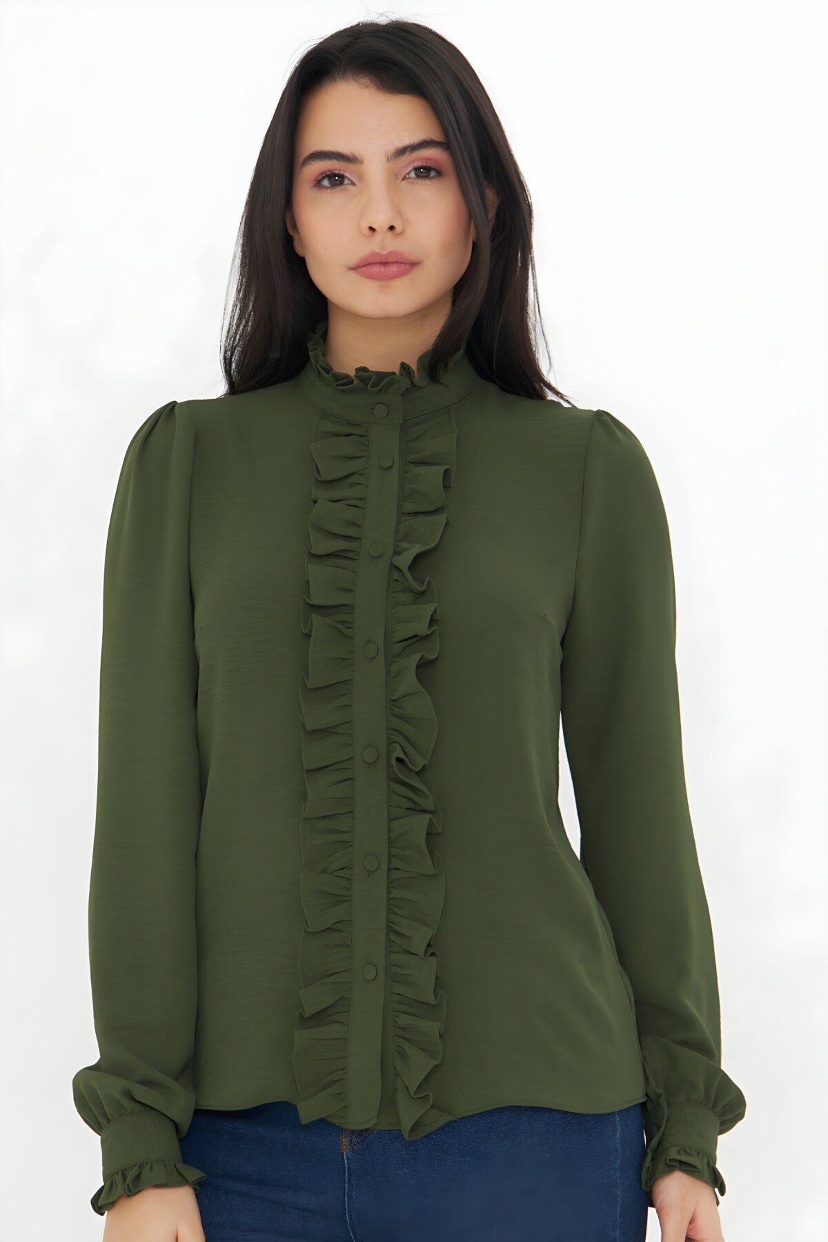 Haki Hakim Yaka Uzun Kol Fırfır Detaylı Gömlek - Genel Markalar