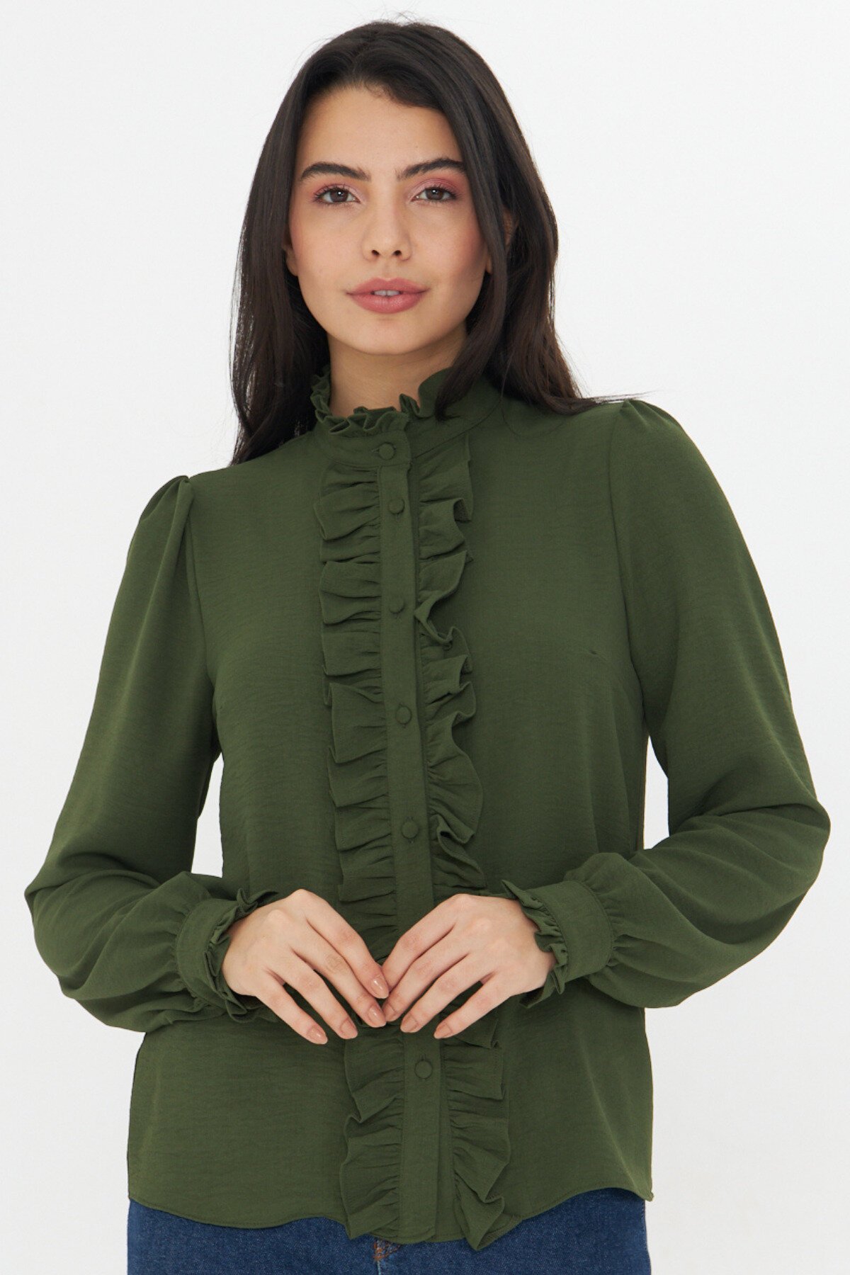 Long-Sleeve Ruffle-Detail Mandarin Collar Shirt - Khaki - Genel Markalar