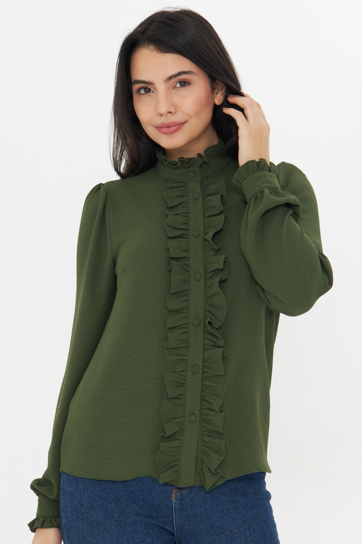 Long-Sleeve Ruffle-Detail Mandarin Collar Shirt - Khaki - Genel Markalar