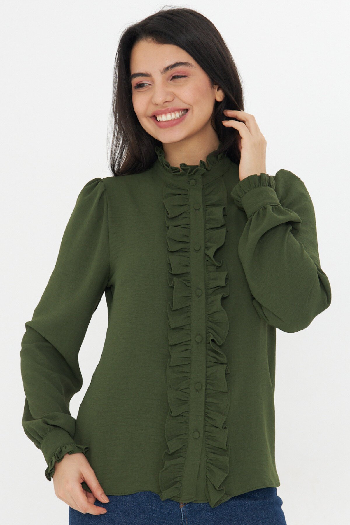 Long-Sleeve Ruffle-Detail Mandarin Collar Shirt - Khaki - Genel Markalar