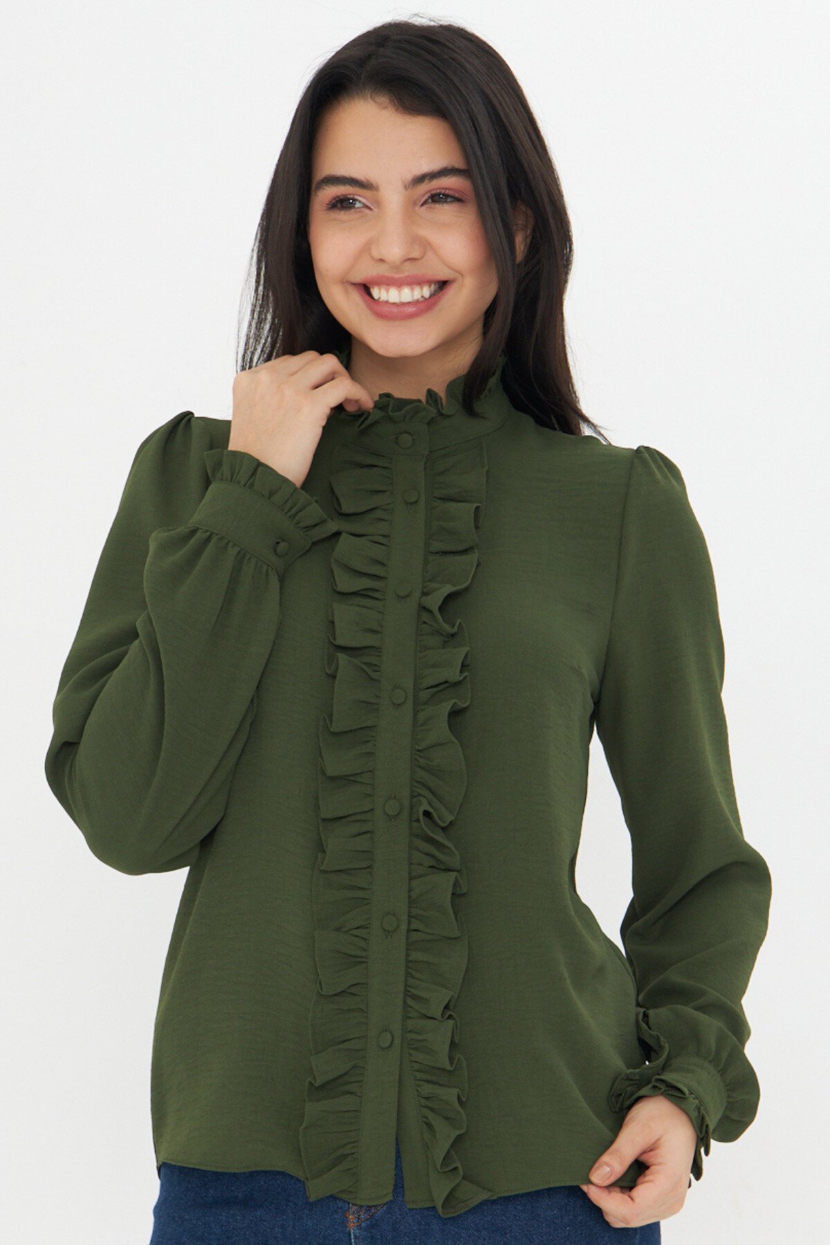 Long-Sleeve Ruffle-Detail Mandarin Collar Shirt - Khaki - Genel Markalar