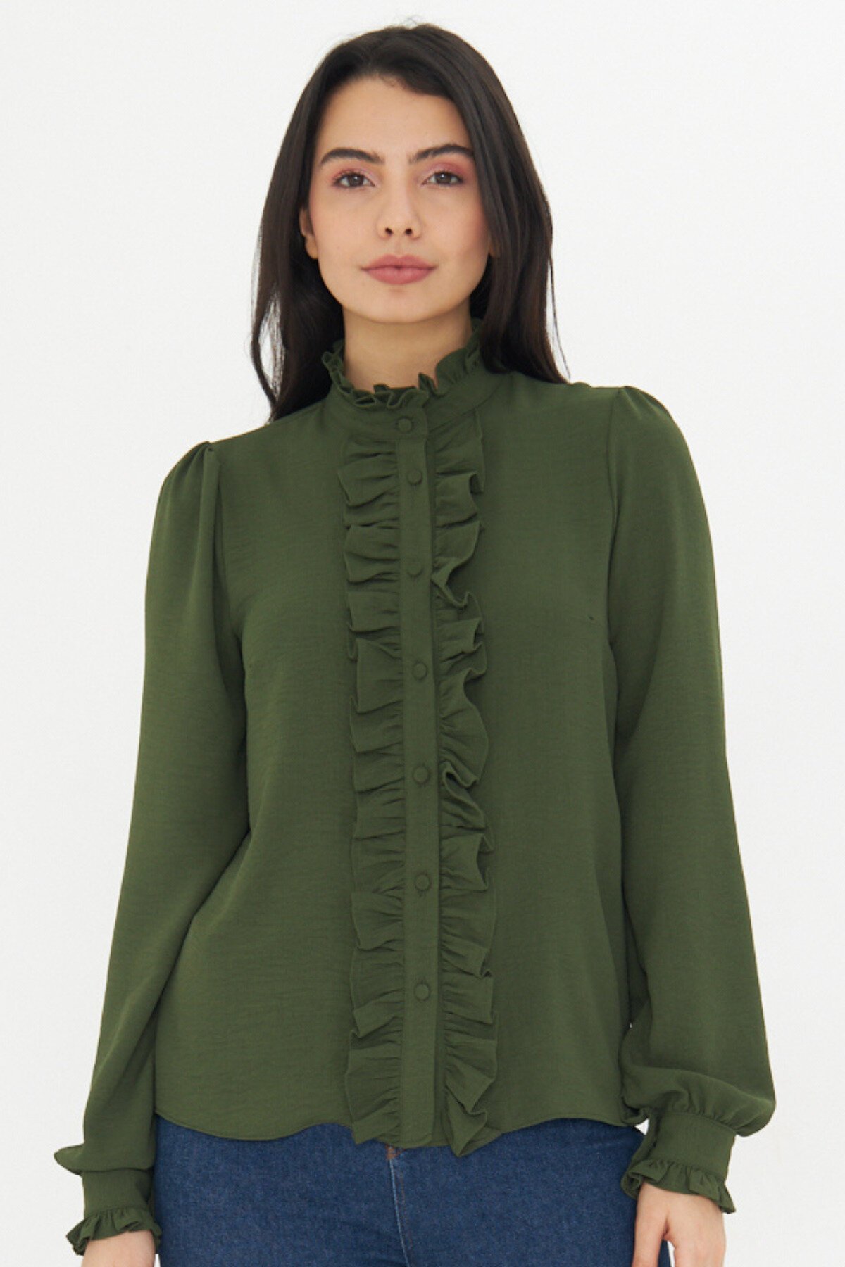 Long-Sleeve Ruffle-Detail Mandarin Collar Shirt - Khaki - Genel Markalar