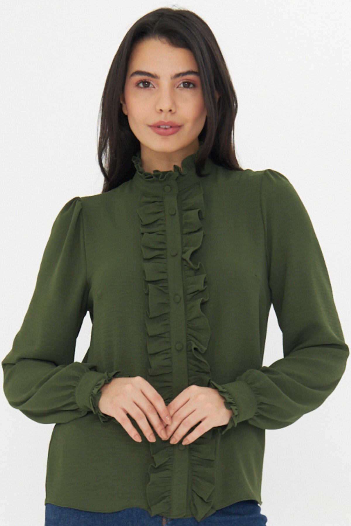 Long-Sleeve Ruffle-Detail Mandarin Collar Shirt - Khaki - Genel Markalar