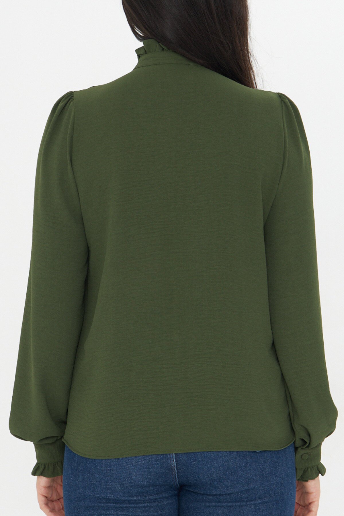 Long-Sleeve Ruffle-Detail Mandarin Collar Shirt - Khaki - Genel Markalar