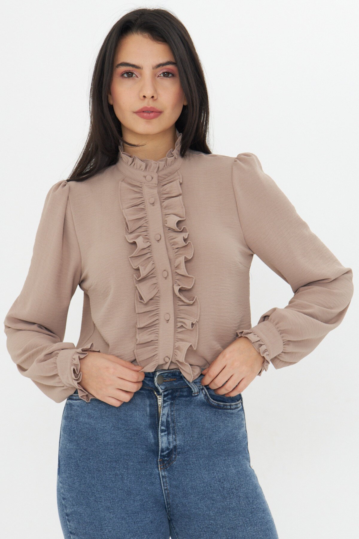 Long Sleeve Mandarin Collar Ruffle Detail Shirt - Brown - Genel Markalar