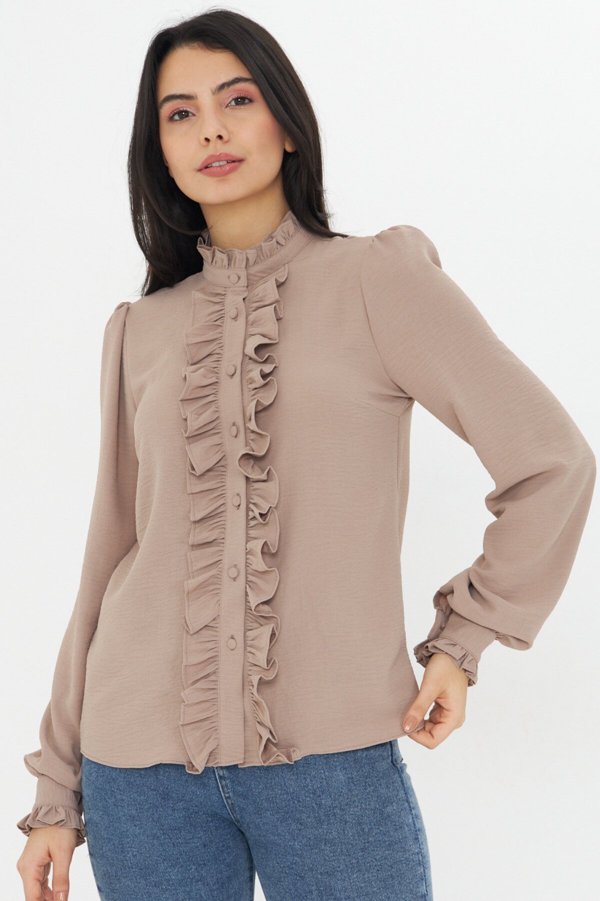 Long Sleeve Mandarin Collar Ruffle Detail Shirt - Brown - Genel Markalar