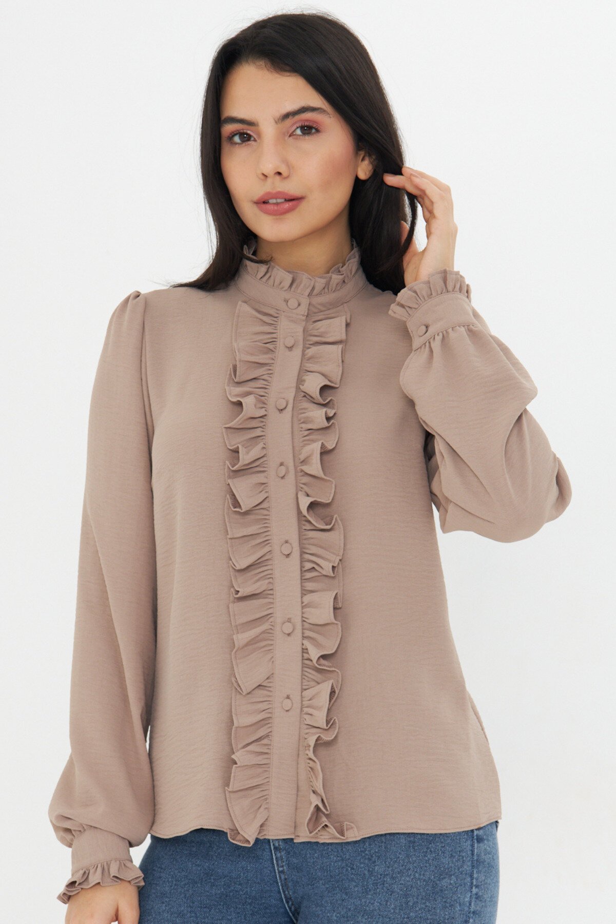 Long Sleeve Mandarin Collar Ruffle Detail Shirt - Brown - Genel Markalar