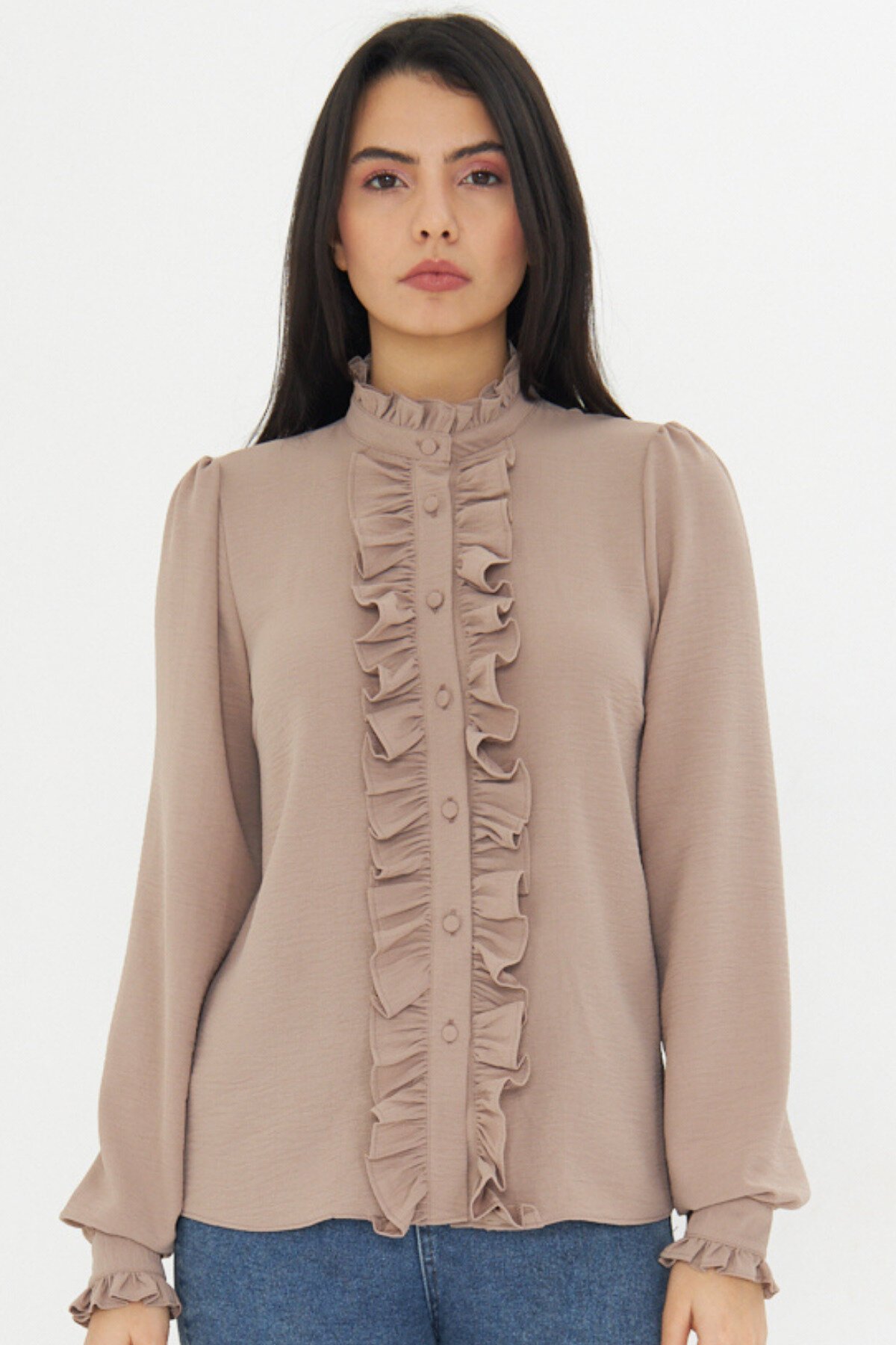 Long Sleeve Mandarin Collar Ruffle Detail Shirt - Brown - Genel Markalar