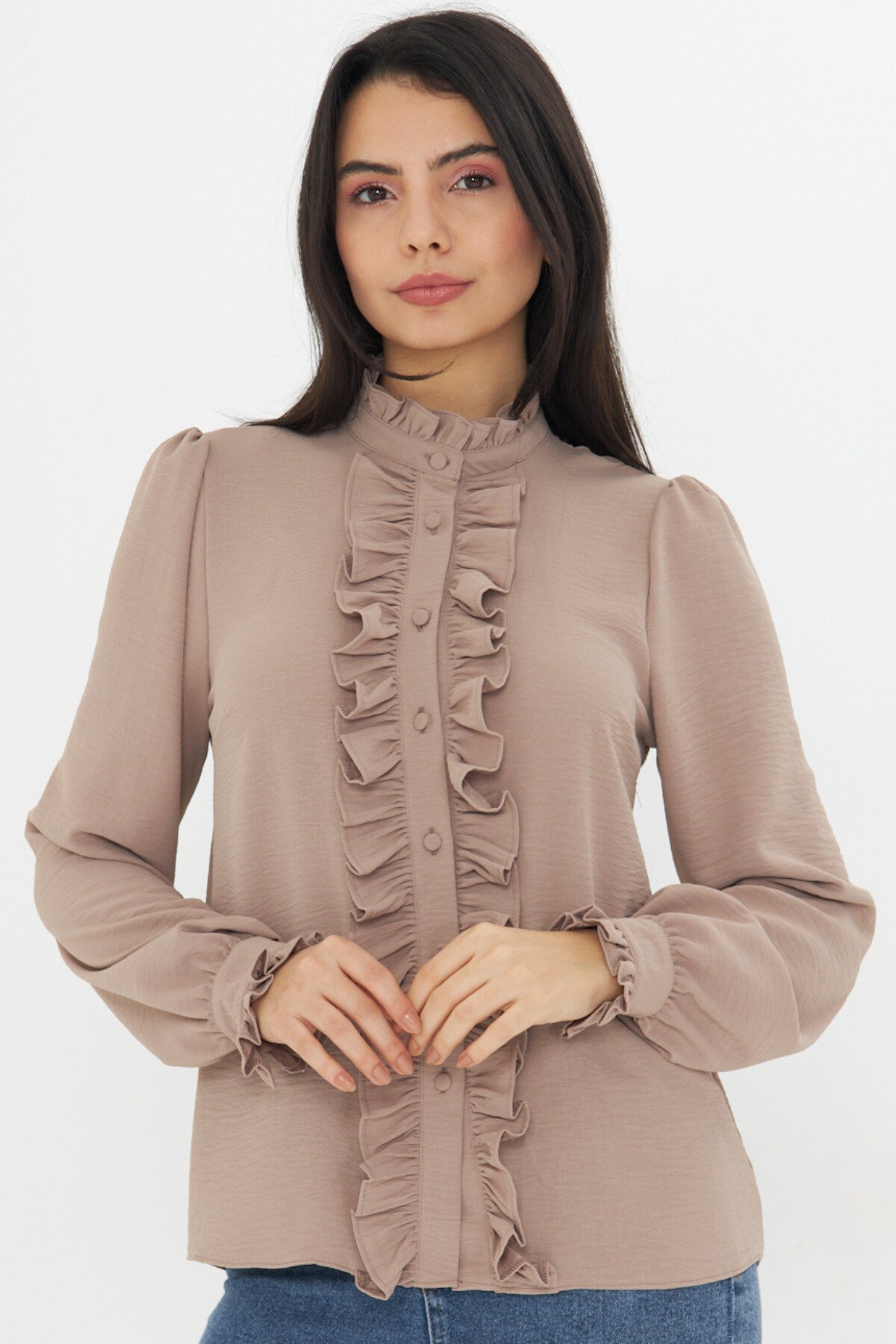 Long Sleeve Mandarin Collar Ruffle Detail Shirt - Brown - Genel Markalar