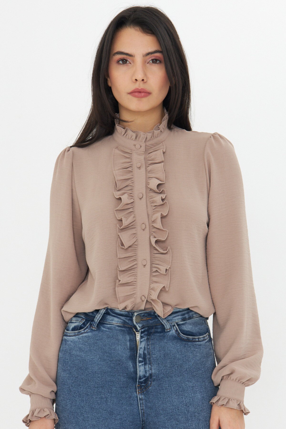 Long Sleeve Mandarin Collar Ruffle Detail Shirt - Brown - Genel Markalar