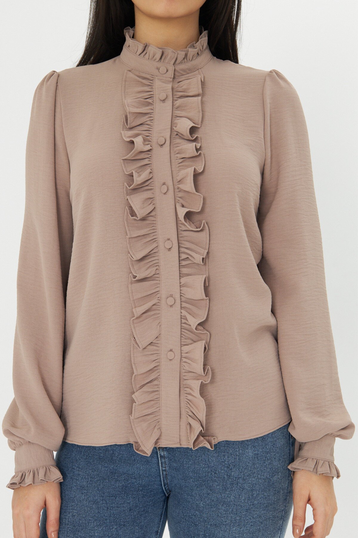 Long Sleeve Mandarin Collar Ruffle Detail Shirt - Brown - Genel Markalar