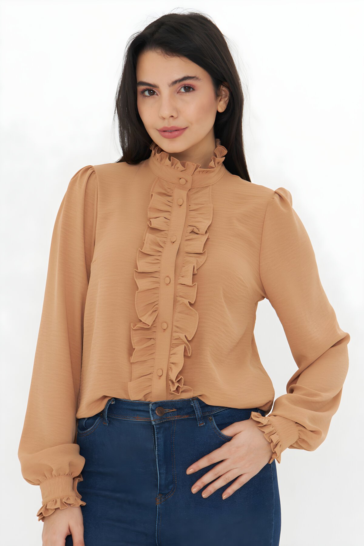 Kahverengi Uzun Kol Hakim Yaka Fırfır Detaylı Gömlek - Genel Markalar