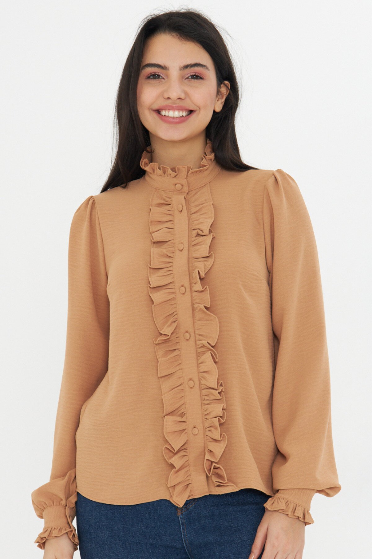 Long-Sleeve Mandarin Collar Ruffle Shirt - Brown - Genel Markalar