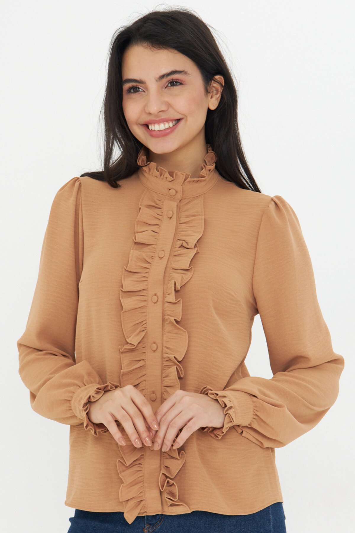 Long-Sleeve Mandarin Collar Ruffle Shirt - Brown - Genel Markalar