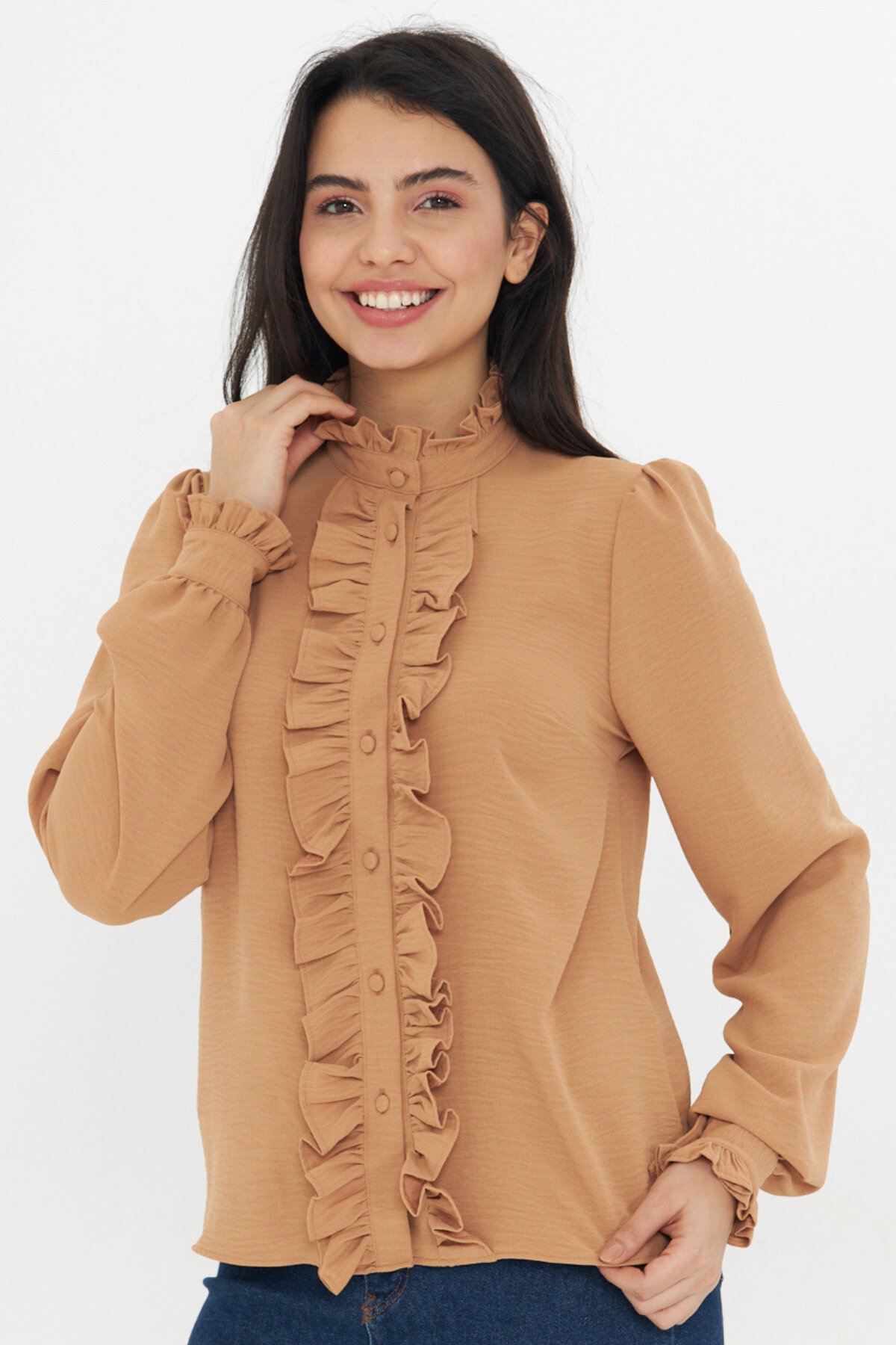 Long-Sleeve Mandarin Collar Ruffle Shirt - Brown - Genel Markalar