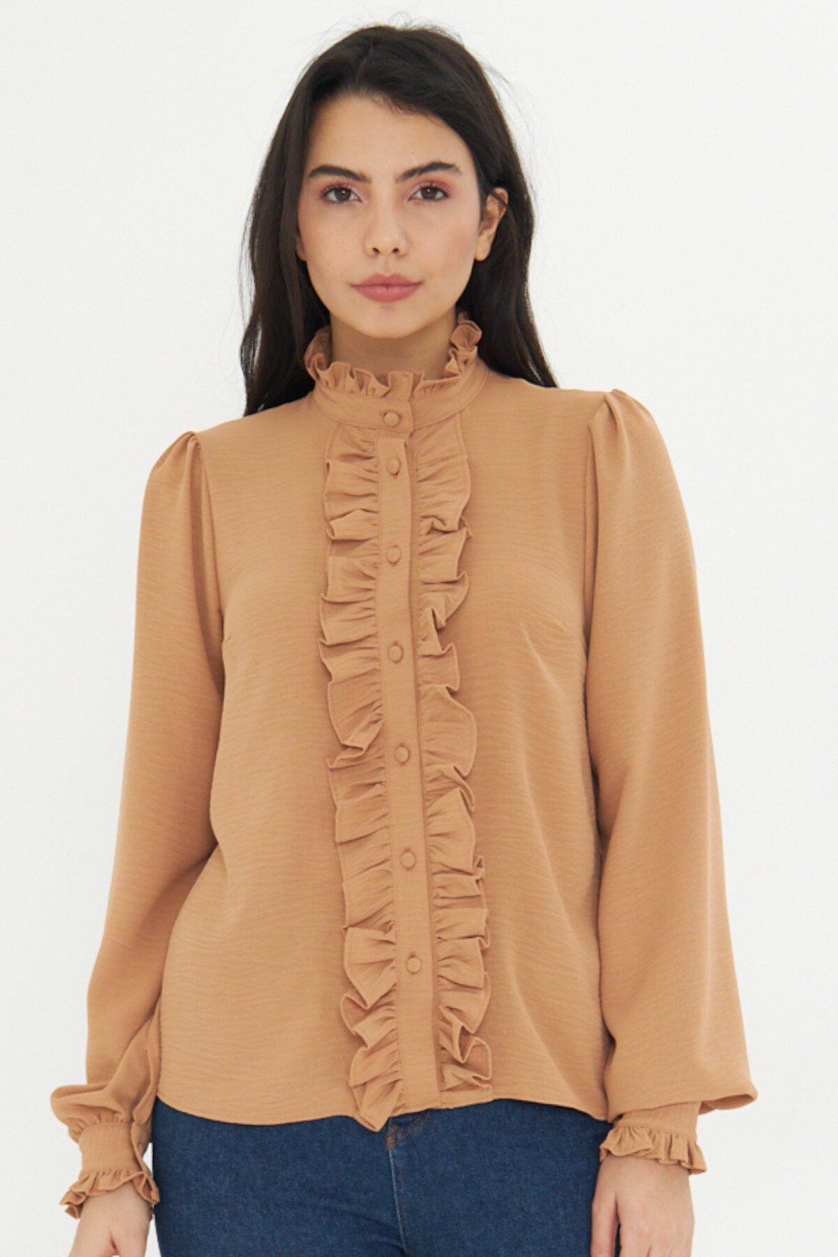 Long-Sleeve Mandarin Collar Ruffle Shirt - Brown - Genel Markalar