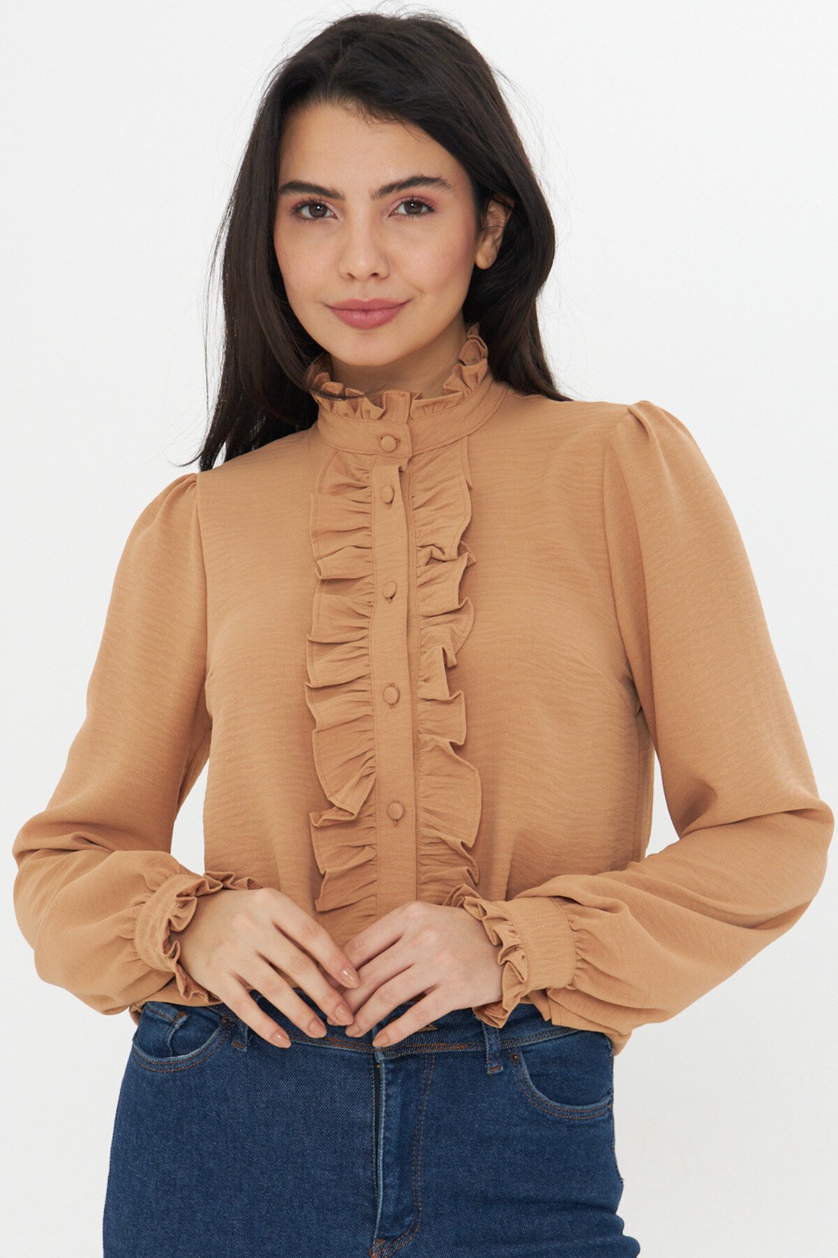 Long-Sleeve Mandarin Collar Ruffle Shirt - Brown - Genel Markalar