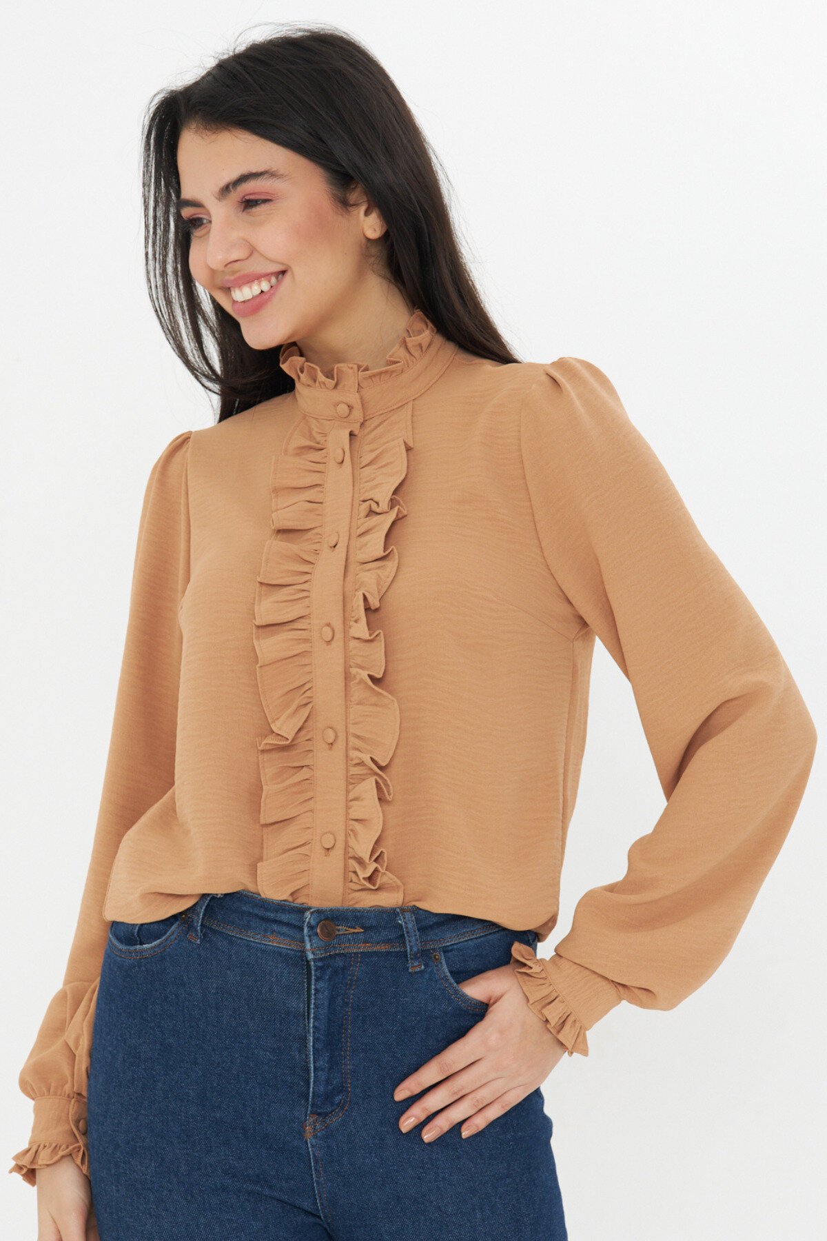 Long-Sleeve Mandarin Collar Ruffle Shirt - Brown - Genel Markalar