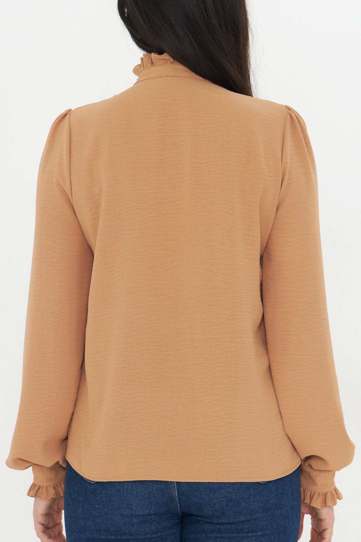 Long-Sleeve Mandarin Collar Ruffle Shirt - Brown - Genel Markalar