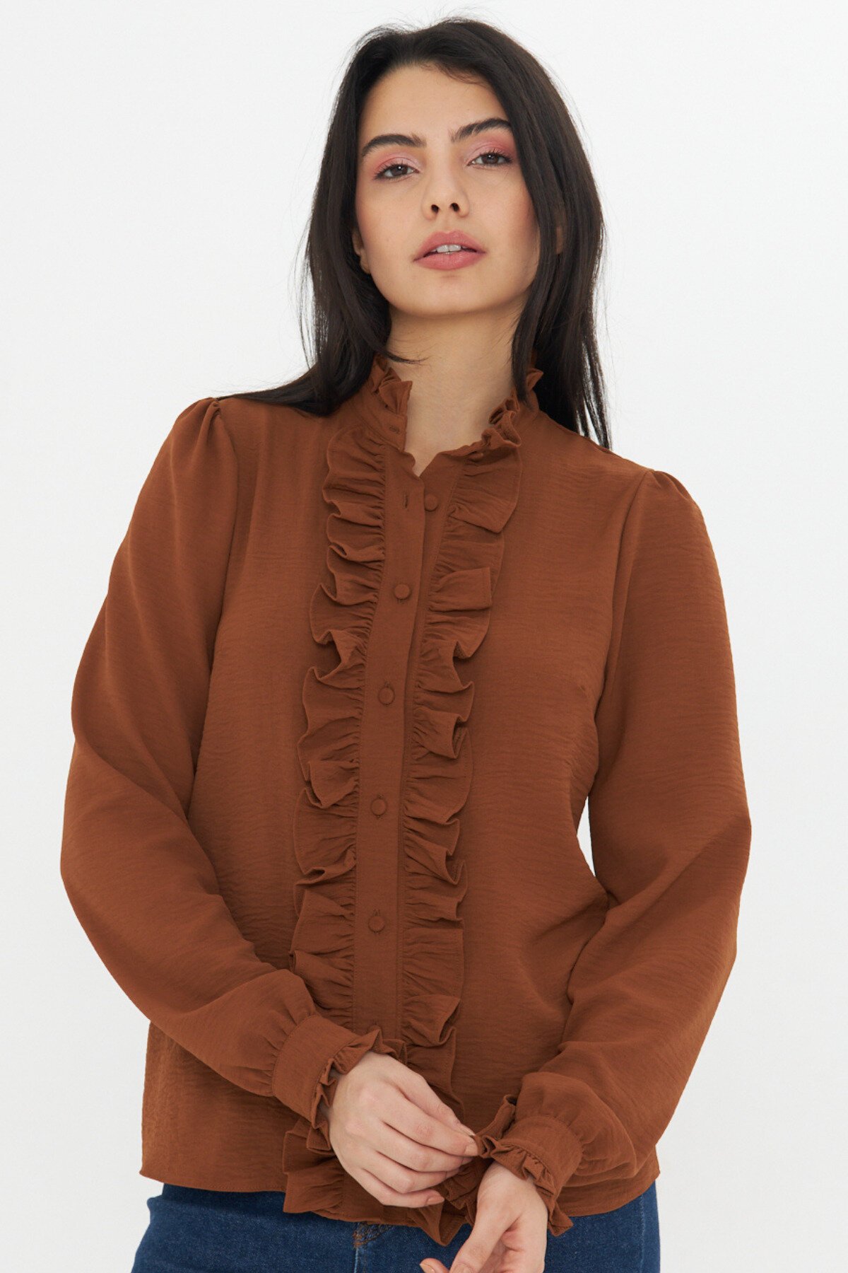 Long-Sleeve Mandarin Collar Ruffle Shirt - Brown - Genel Markalar
