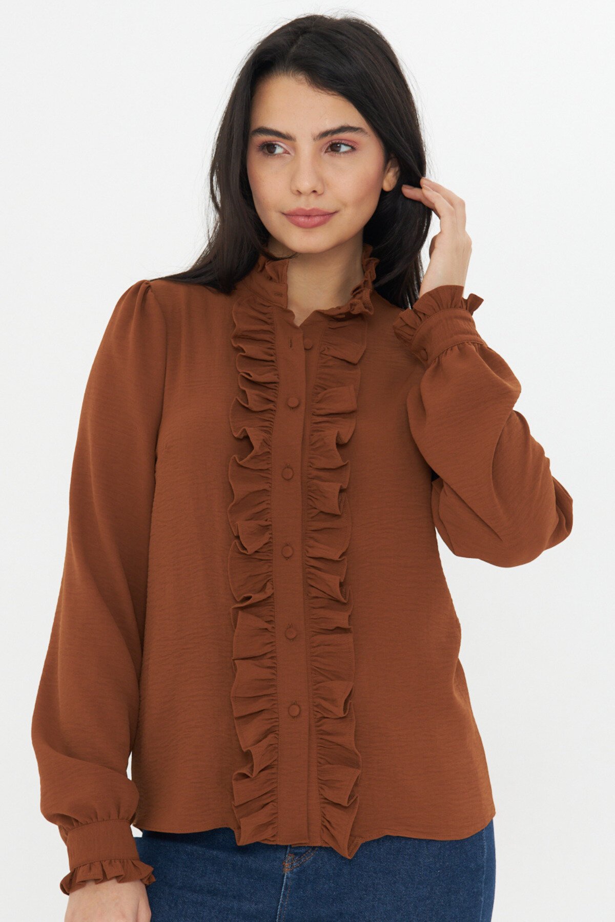 Long-Sleeve Mandarin Collar Ruffle Shirt - Brown - Genel Markalar