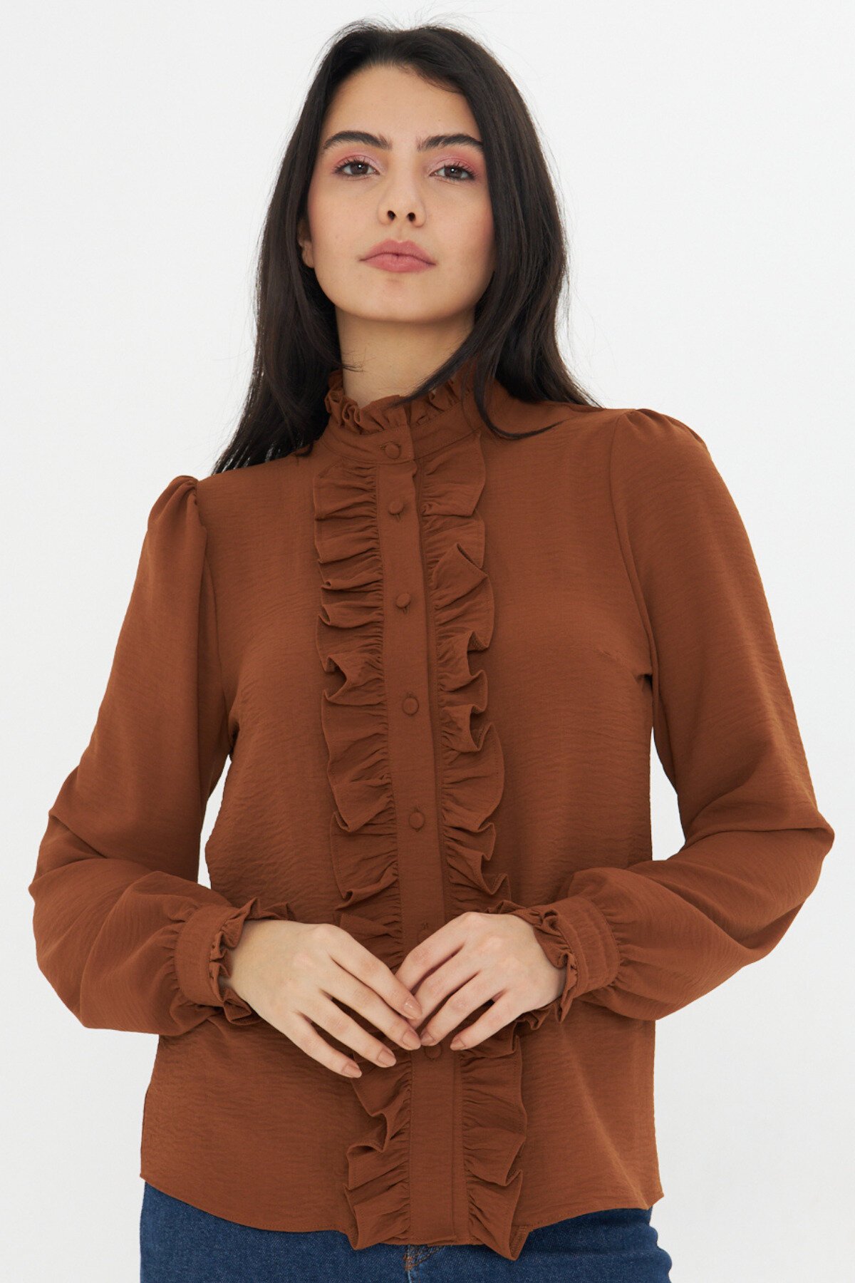 Long-Sleeve Mandarin Collar Ruffle Shirt - Brown - Genel Markalar