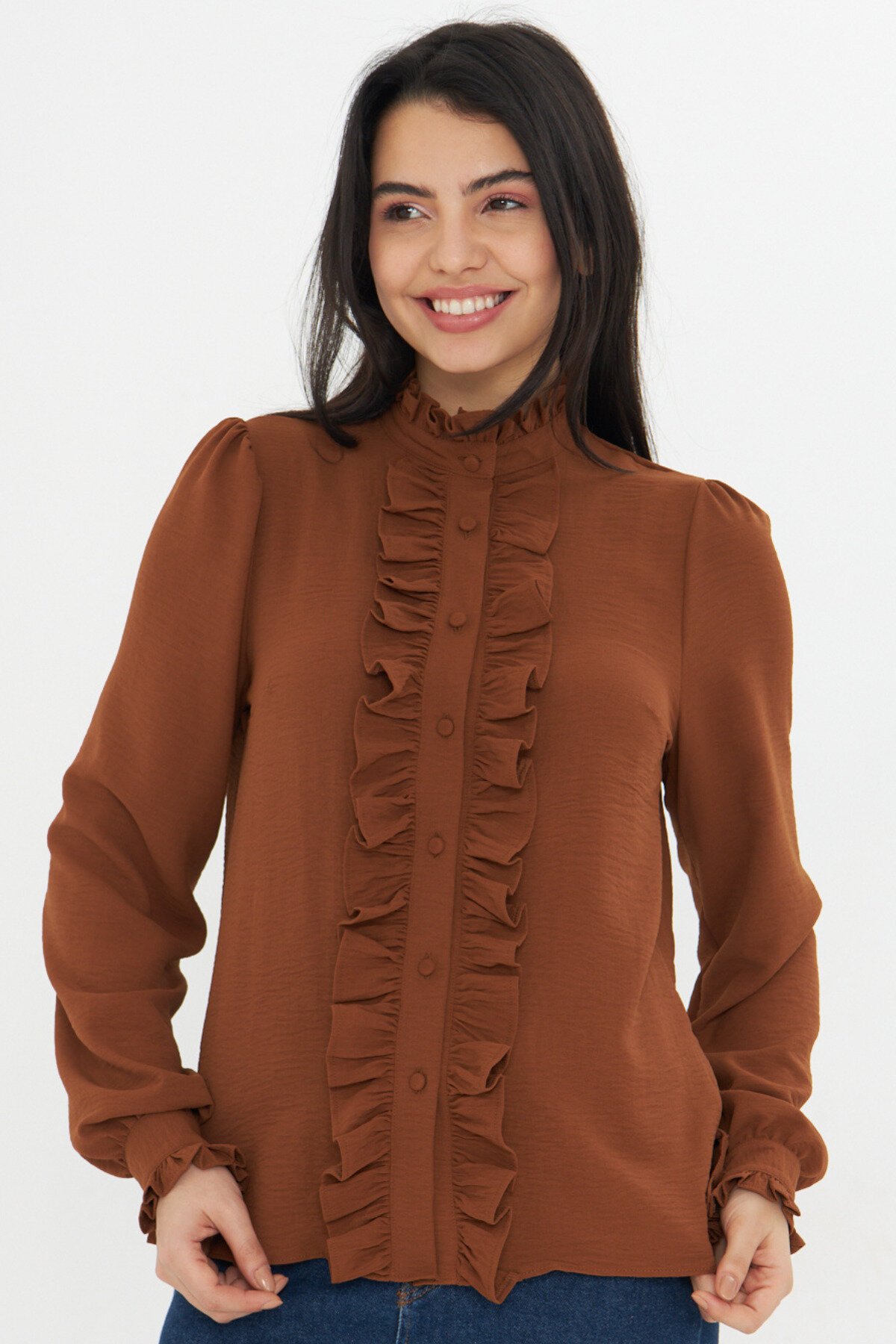 Long-Sleeve Mandarin Collar Ruffle Shirt - Brown - Genel Markalar