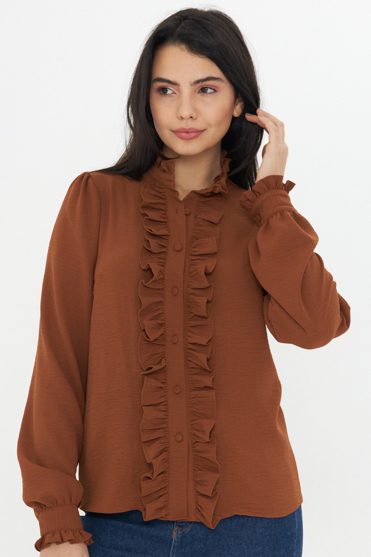 Long-Sleeve Mandarin Collar Ruffle Shirt - Brown - Genel Markalar