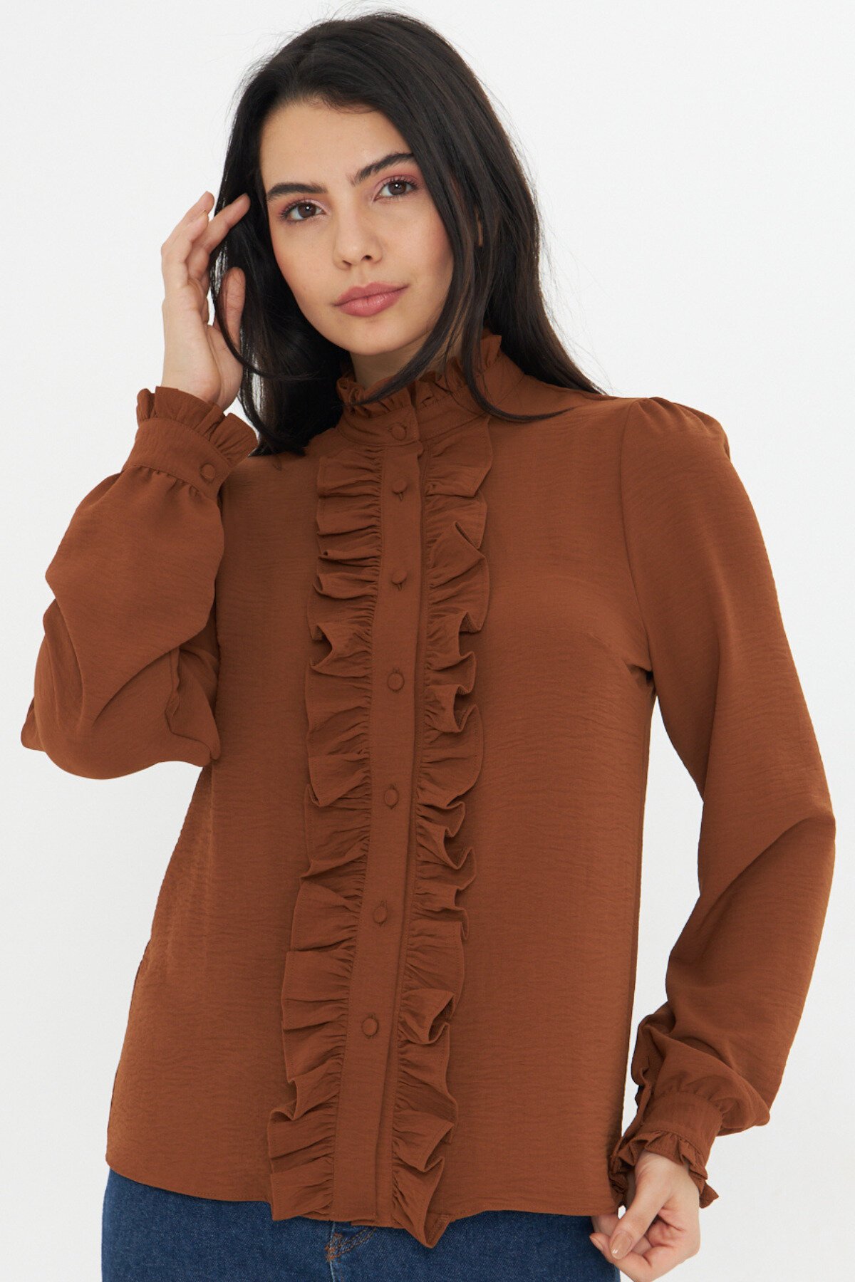 Long-Sleeve Mandarin Collar Ruffle Shirt - Brown - Genel Markalar