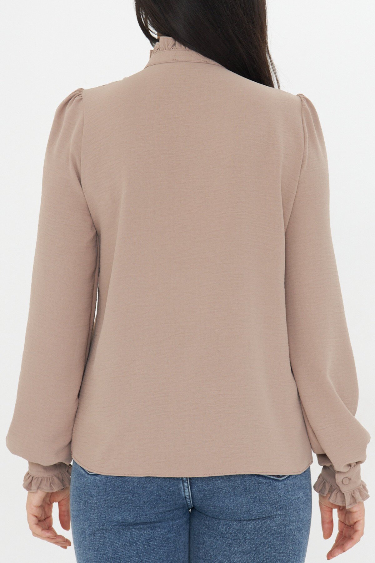 Long-Sleeve Mandarin Collar Ruffle Shirt - Brown - Genel Markalar