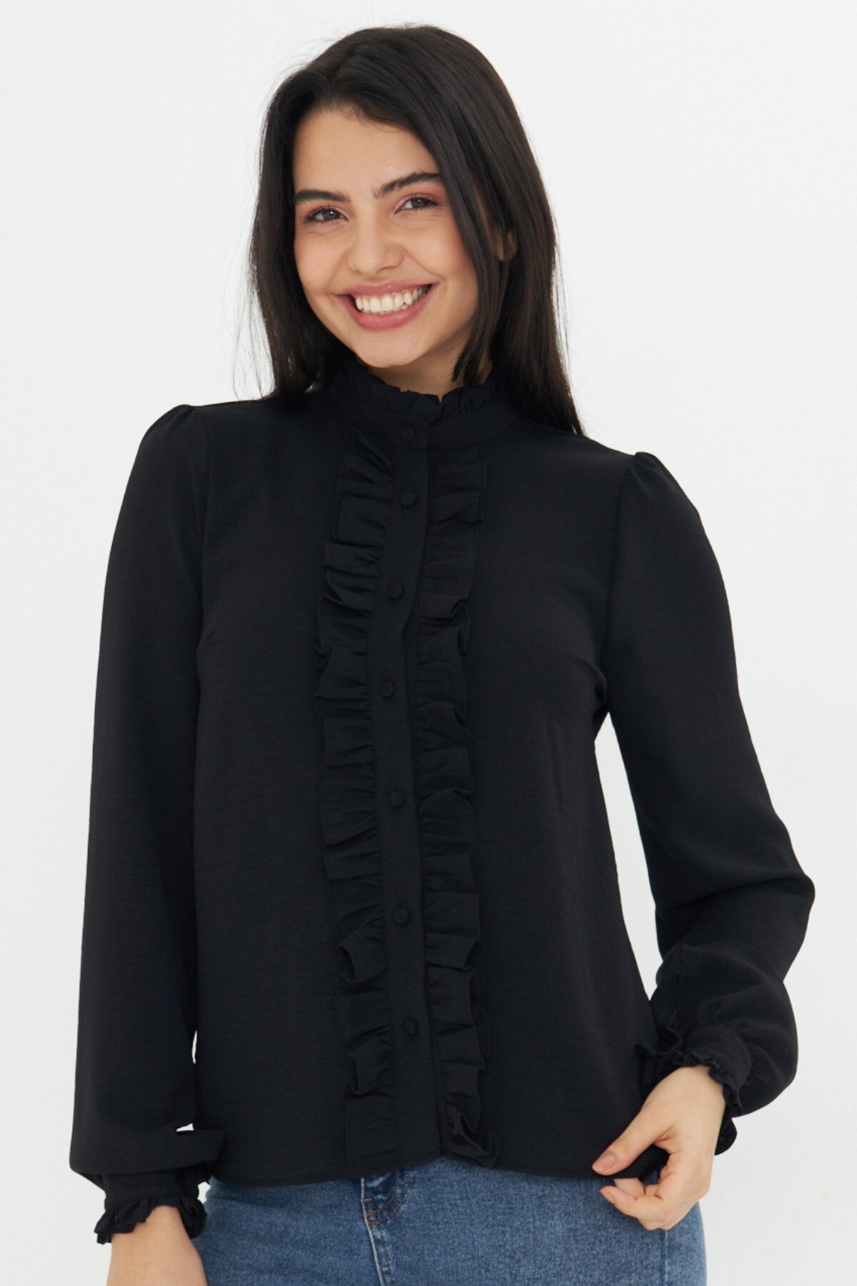 Long Sleeve Ruffle Detail Shirt - Black - Genel Markalar