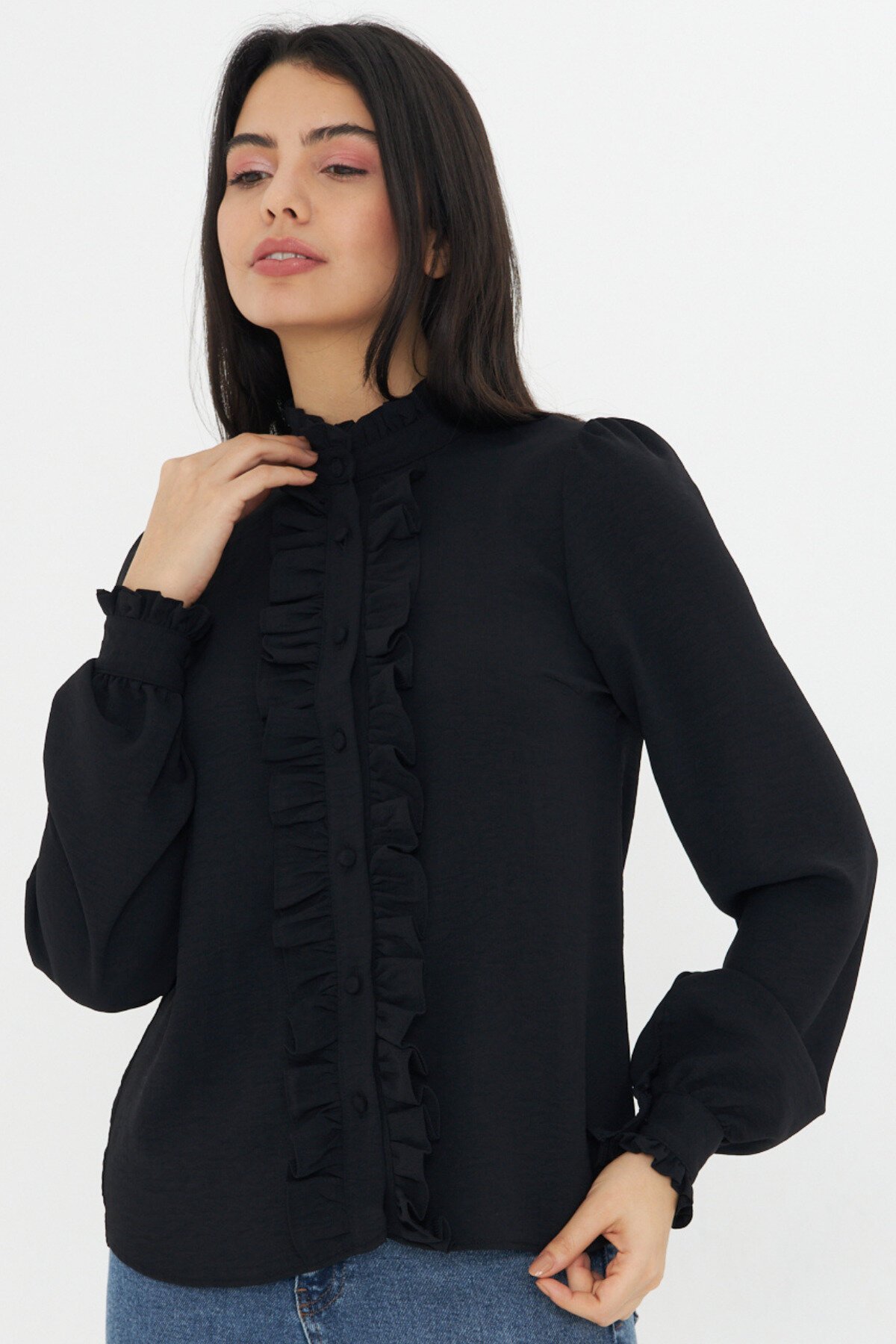 Long Sleeve Ruffle Detail Shirt - Black - Genel Markalar